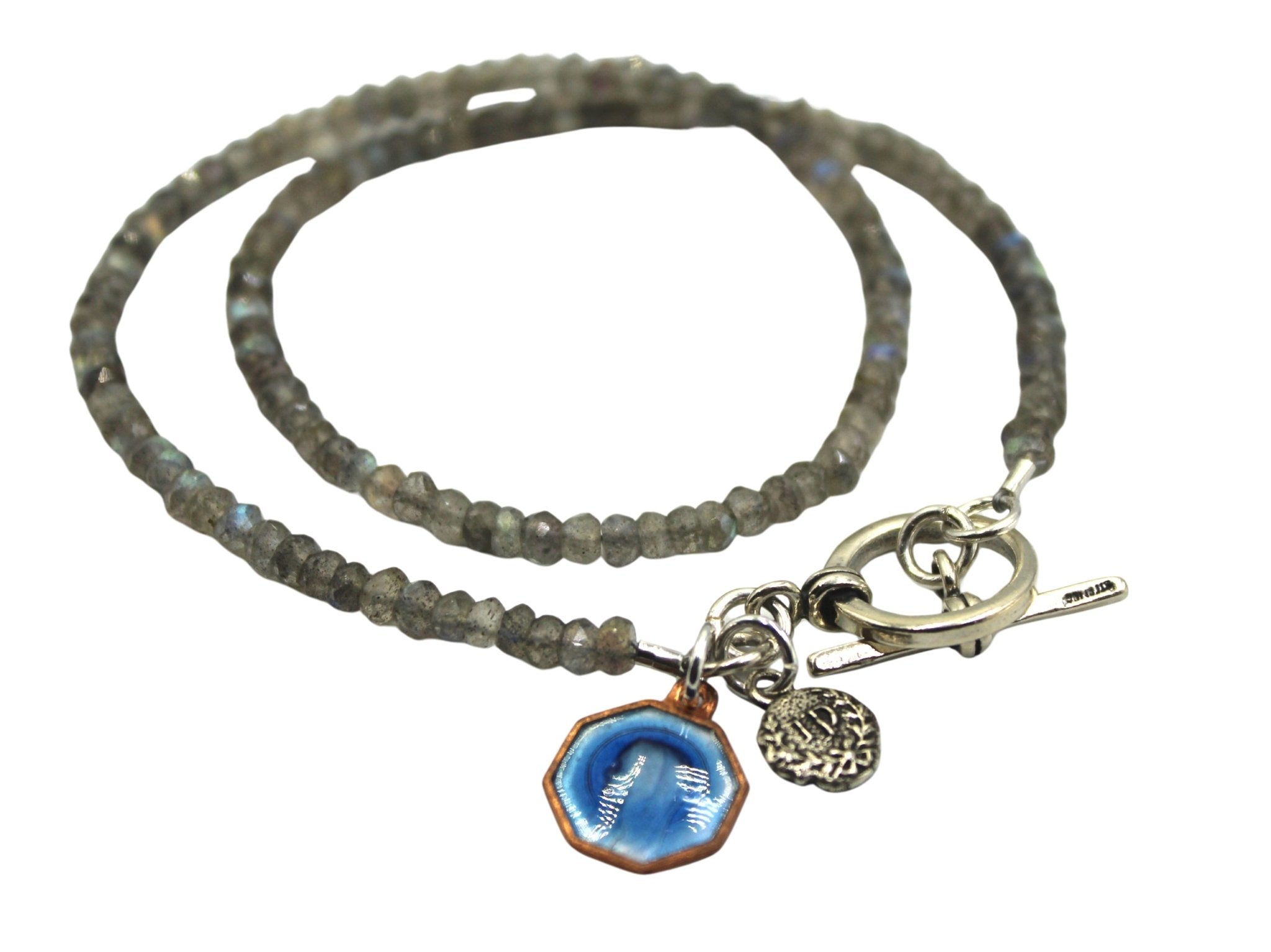 Antique Blue Enamel Medal of Mary Charm on Faceted Labradorite Double Wrap Bracelet - The Great Republic