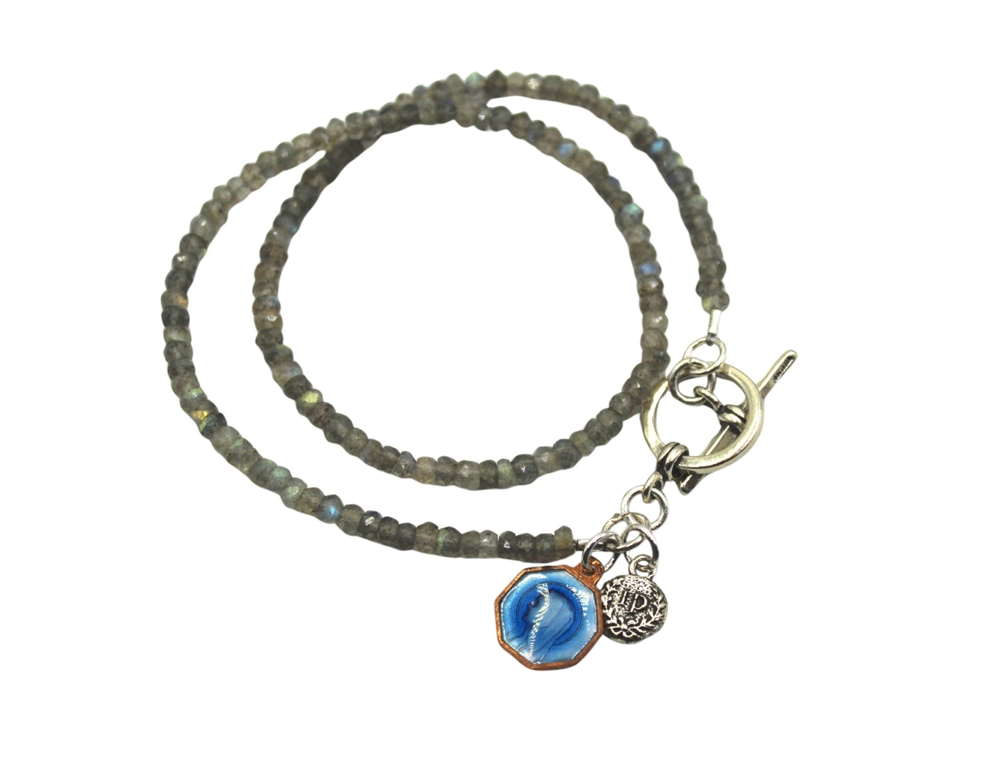 Antique Blue Enamel Medal of Mary Charm on Faceted Labradorite Double Wrap Bracelet - The Great Republic