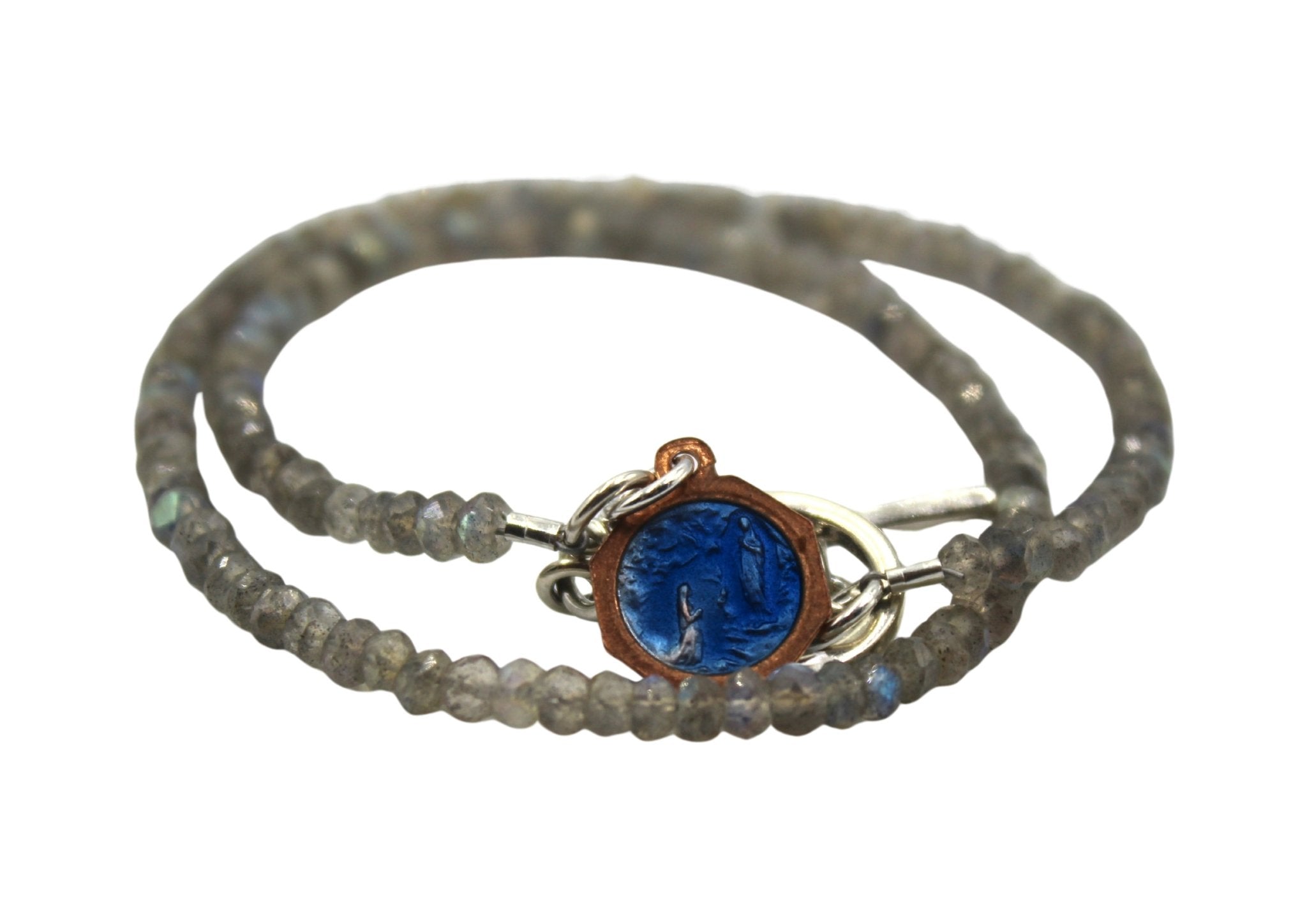 Antique Blue Enamel Medal of Mary Charm on Faceted Labradorite Double Wrap Bracelet - The Great Republic