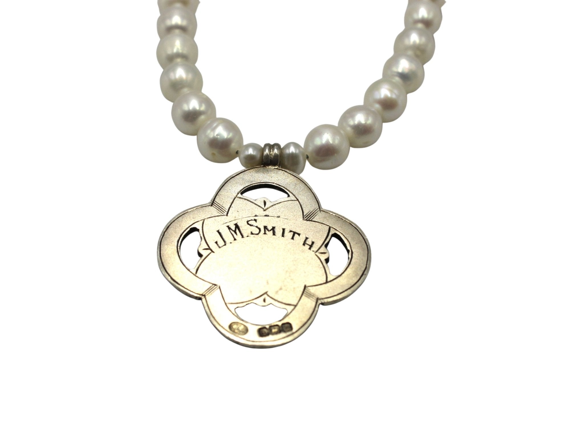 Antique British 1938 "Birchfield Harriers" Sterling Silver and Enamel Fob Medal on Freshwater Pearl Necklace - The Great Republic
