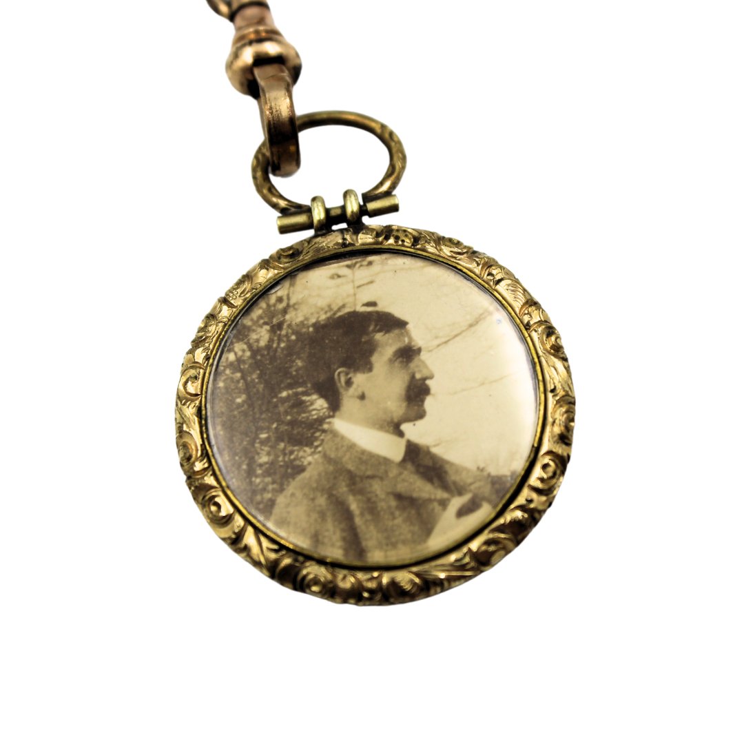 Antique British Enamelled Photo Locket on a Gold - Filled Pocket Watch and Edwardian Chain - The Great Republic