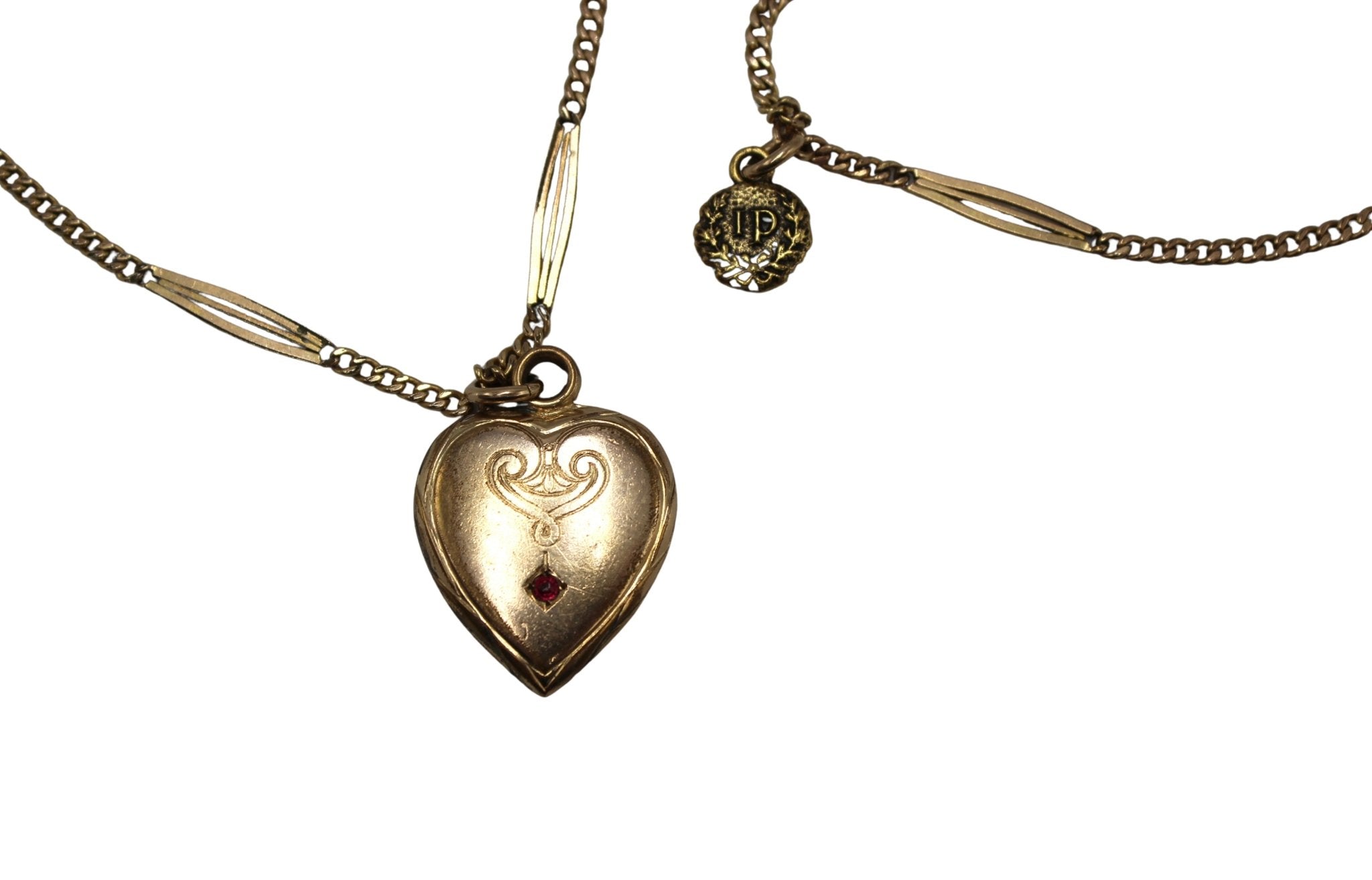 Antique British Gold Filled Sautoir Necklace with Red Stone Heart - The Great Republic
