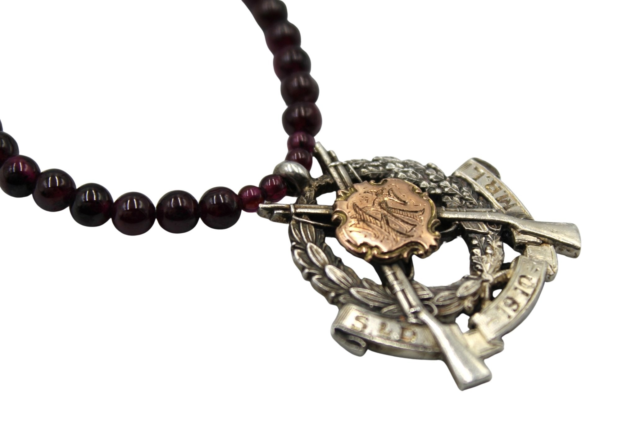 Antique British Sterling Silver and Rose Gold Rifle Medal on Garnet Bead Necklace - The Great Republic