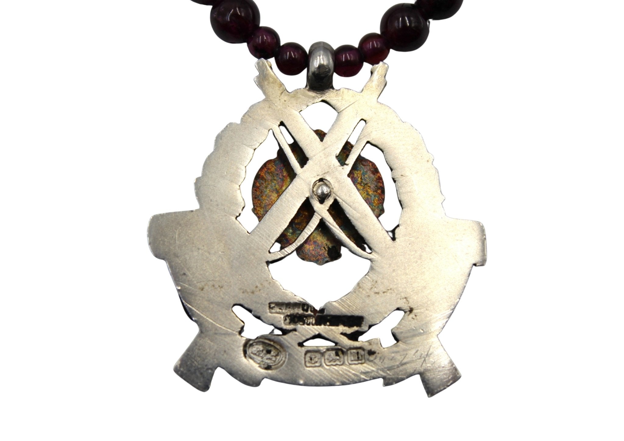 Antique British Sterling Silver and Rose Gold Rifle Medal on Garnet Bead Necklace - The Great Republic