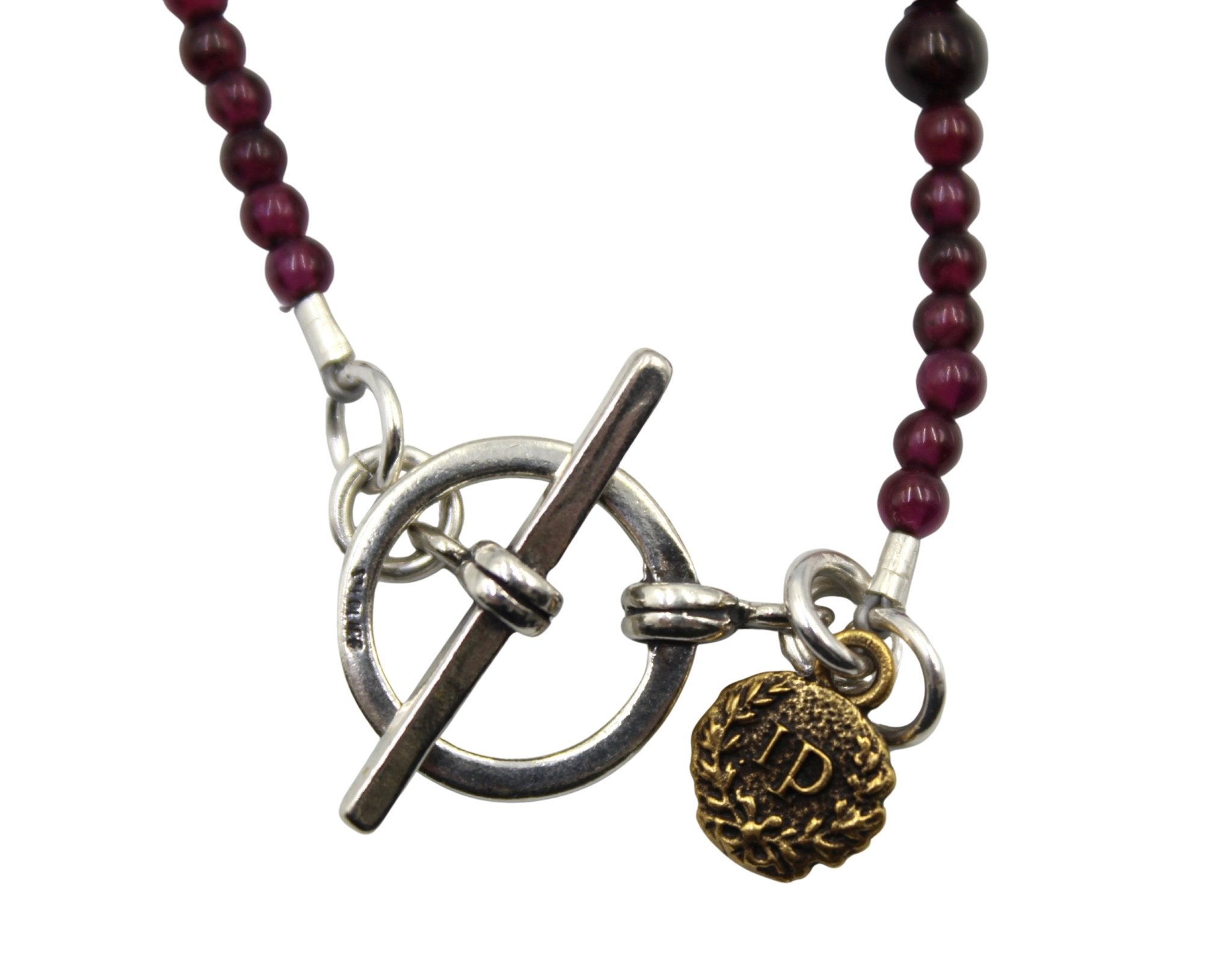Antique British Sterling Silver and Rose Gold Rifle Medal on Garnet Bead Necklace - The Great Republic