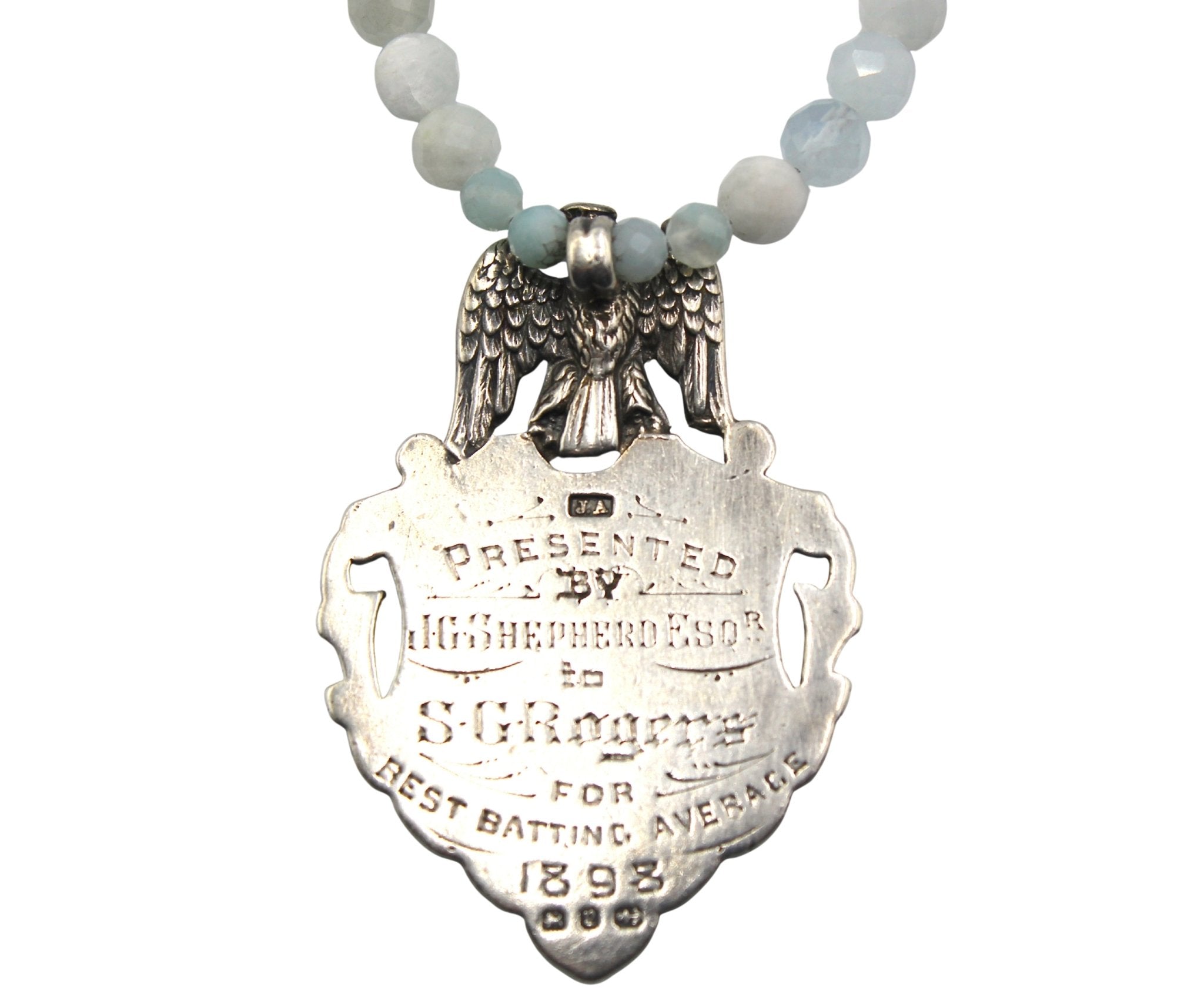 Antique British Sterling Silver Eagle Watch FOB on Faceted Aquamarine Necklace - The Great Republic