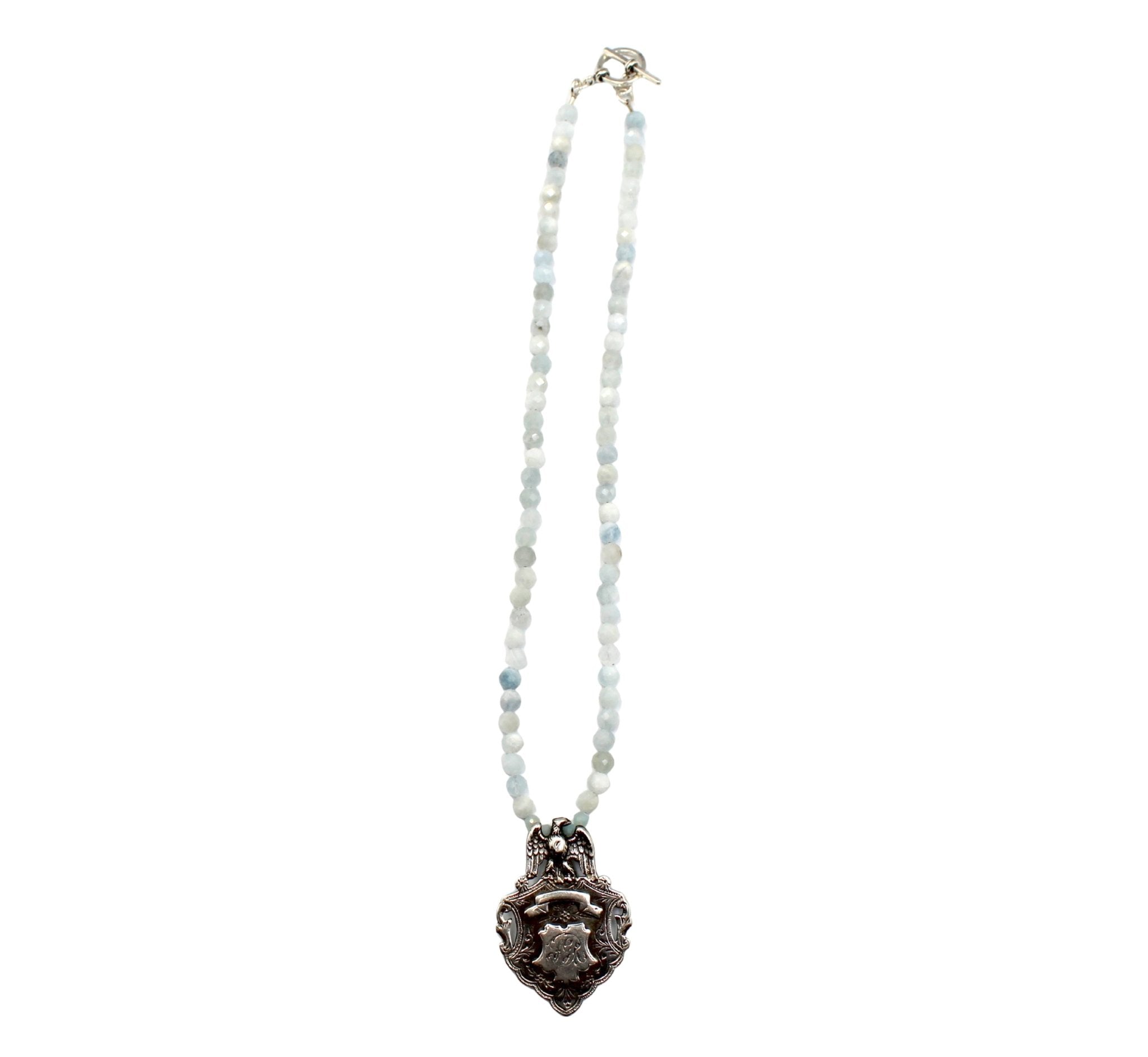 Antique British Sterling Silver Eagle Watch FOB on Faceted Aquamarine Necklace - The Great Republic