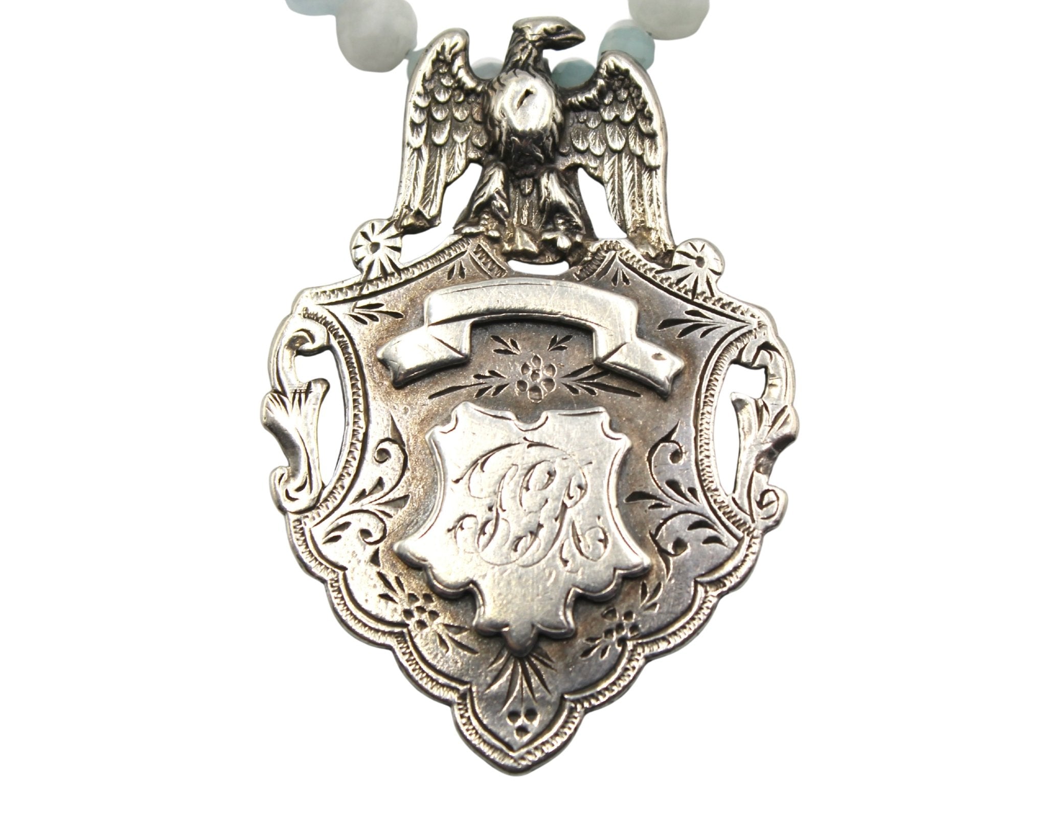 Antique British Sterling Silver Eagle Watch FOB on Faceted Aquamarine Necklace - The Great Republic