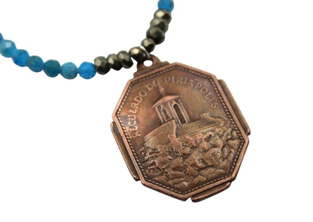 Antique Bronze Saint Anthony of Padua Charm from Uruguay on Faceted Apatite Necklace - The Great Republic