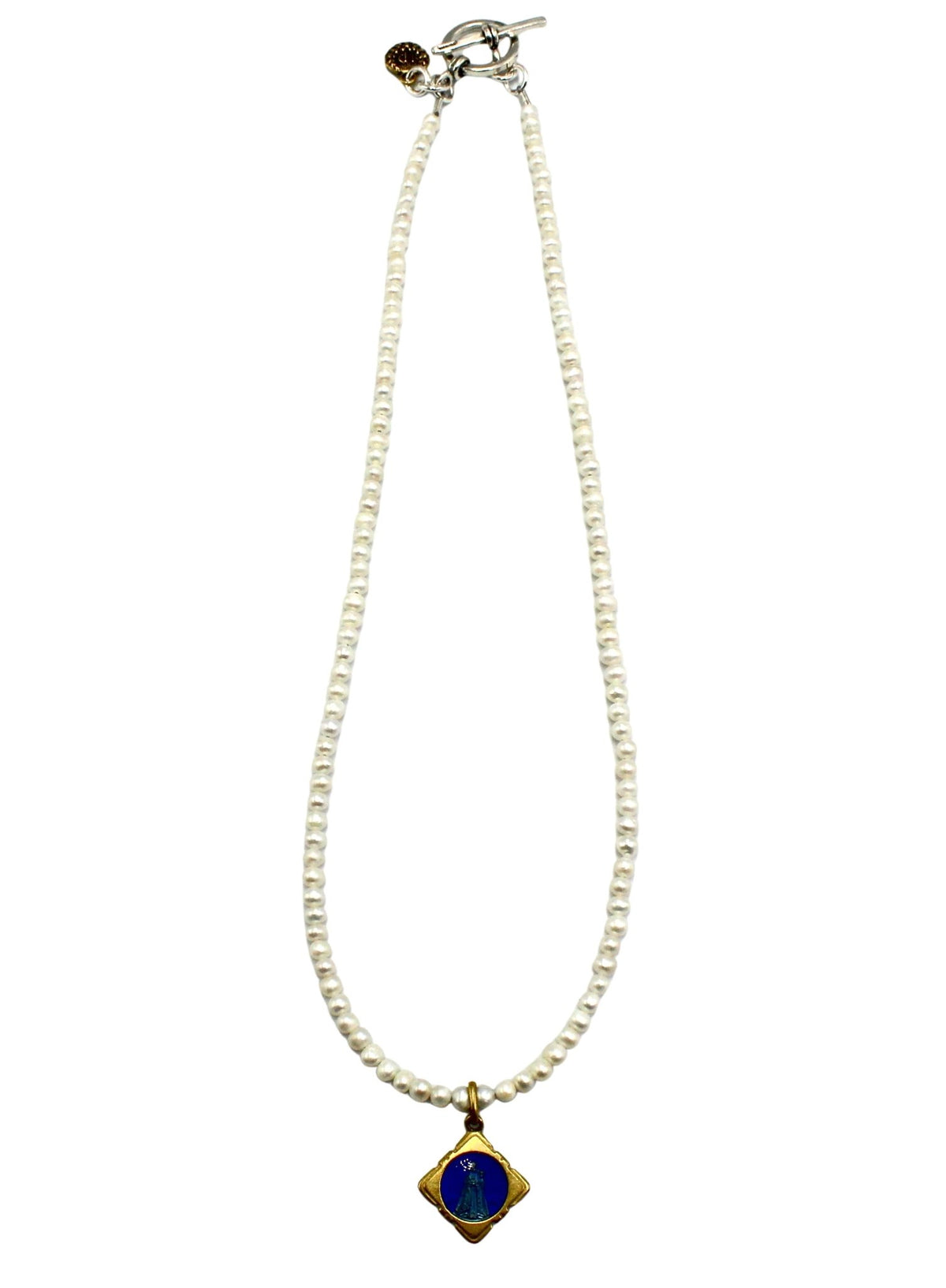 Antique French Blue Enamel Medal of Mary on a Freshwater Pearl Necklace - The Great Republic