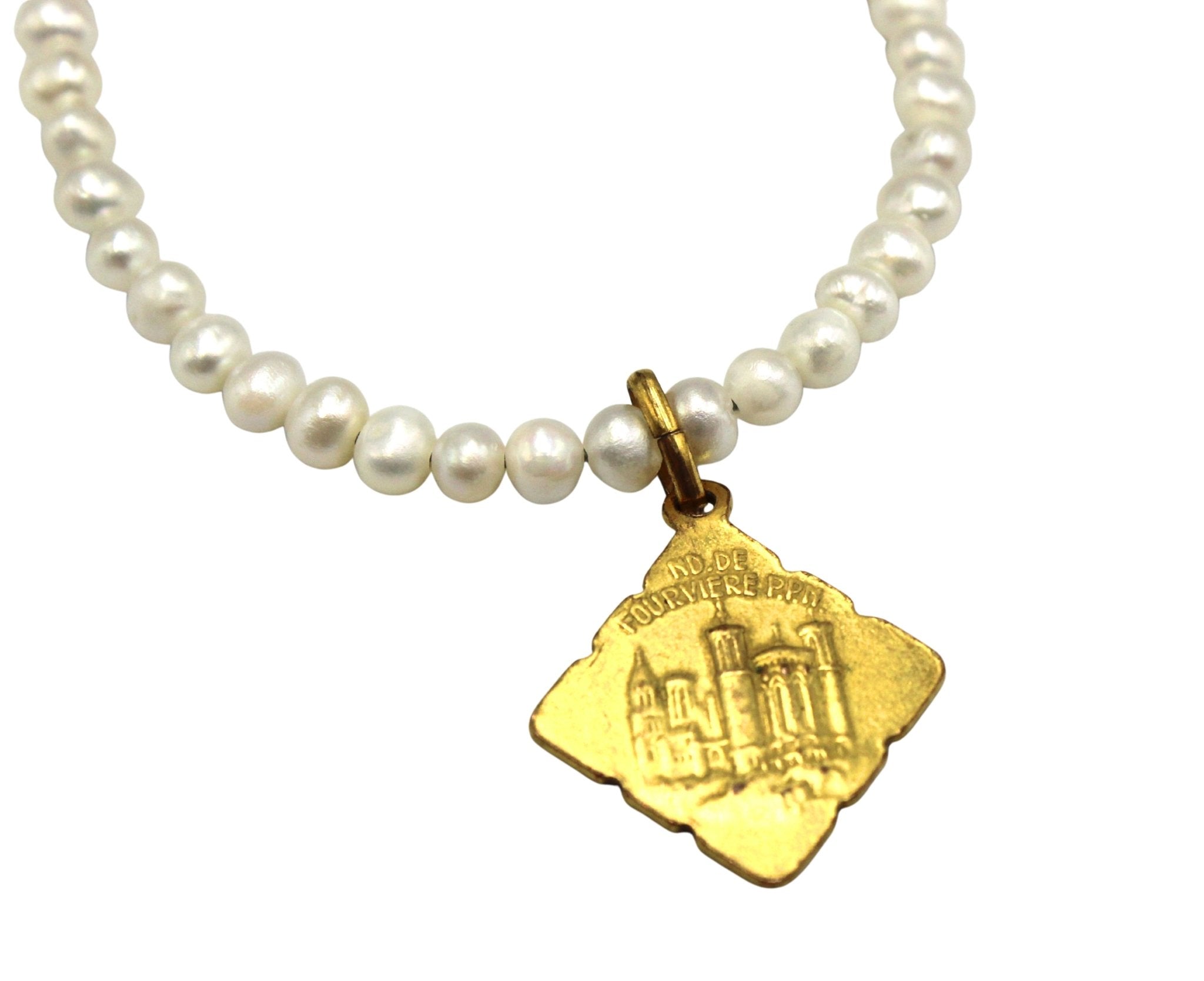Antique French Blue Enamel Medal of Mary on a Freshwater Pearl Necklace - The Great Republic