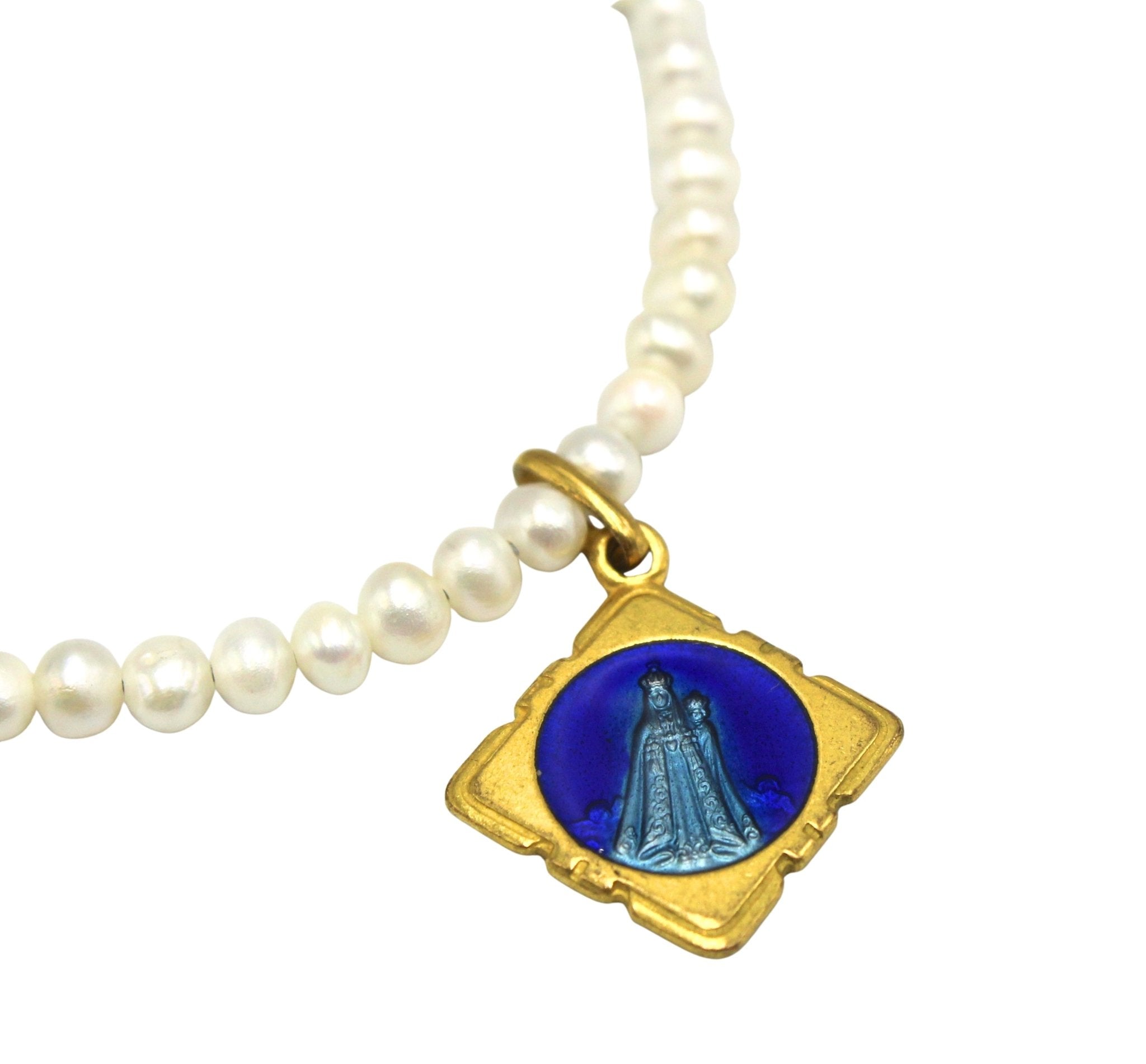 Antique French Blue Enamel Medal of Mary on a Freshwater Pearl Necklace - The Great Republic