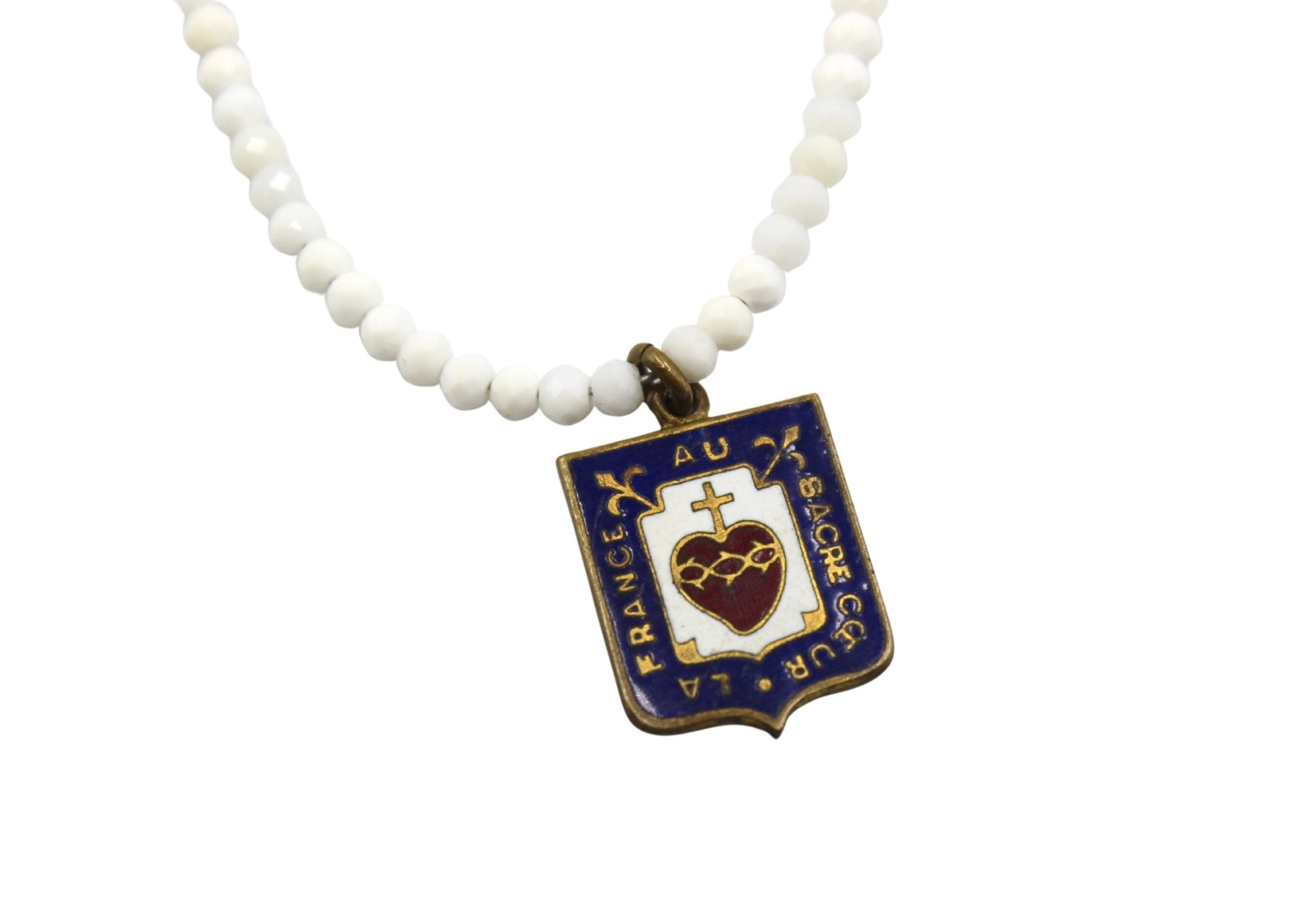 Antique French Enameled Sacred Heart of Jesus Medal on Faceted White Onyx and Blue Lapis Necklace - The Great Republic