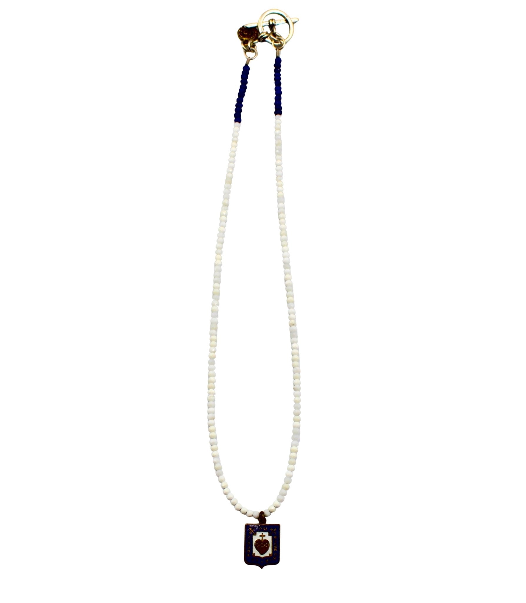 Antique French Enameled Sacred Heart of Jesus Medal on Faceted White Onyx and Blue Lapis Necklace - The Great Republic