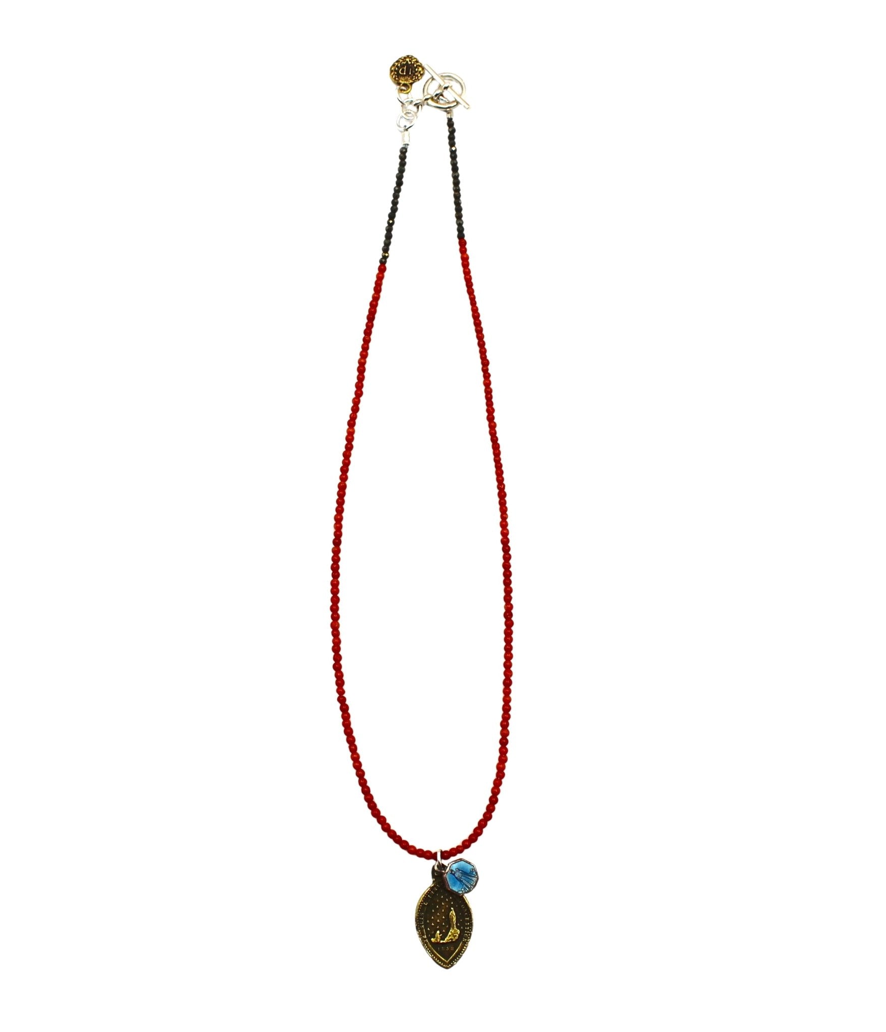 Antique French Medal of Saint Bernadette on Red Coral and Faceted Pyrite Necklace - The Great Republic