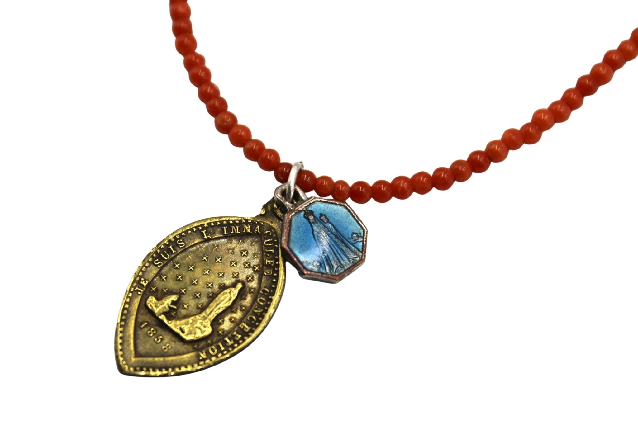 Antique French Medal of Saint Bernadette on Red Coral and Faceted Pyrite Necklace - The Great Republic