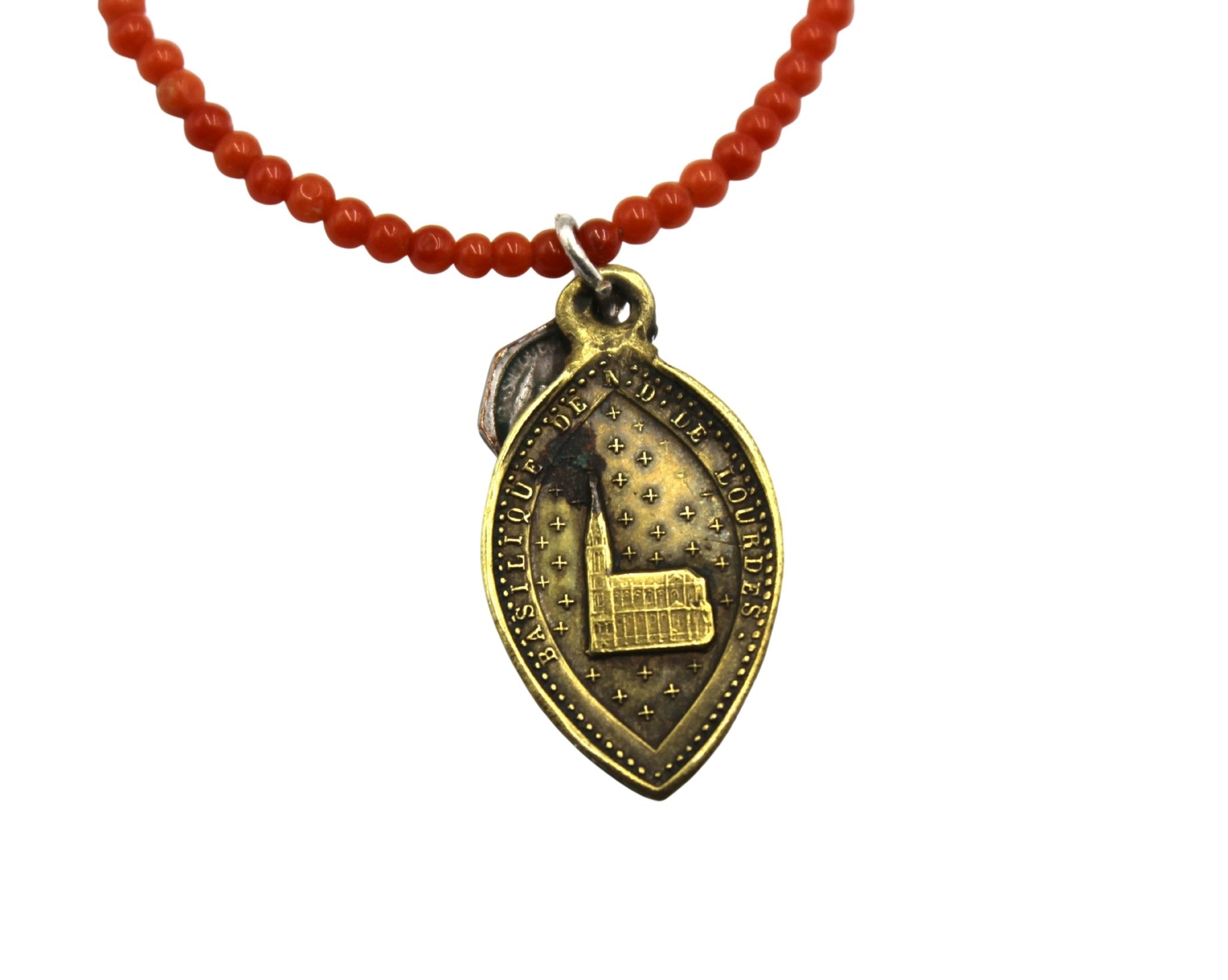 Antique French Medal of Saint Bernadette on Red Coral and Faceted Pyrite Necklace - The Great Republic