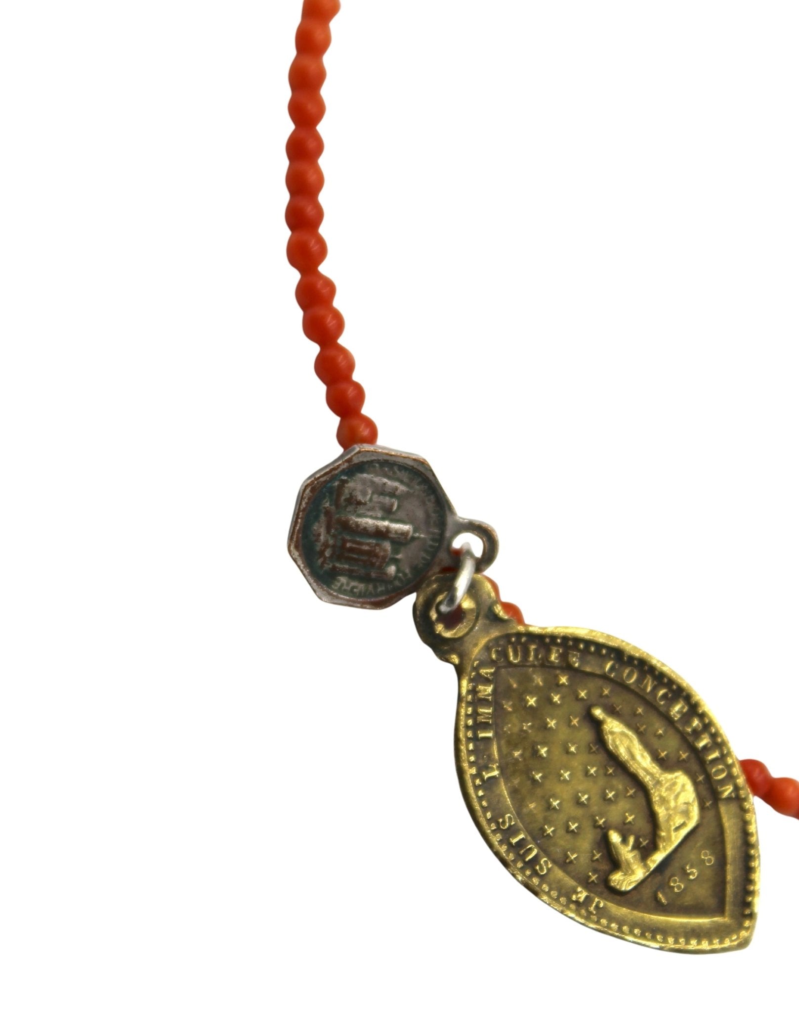 Antique French Medal of Saint Bernadette on Red Coral and Faceted Pyrite Necklace - The Great Republic