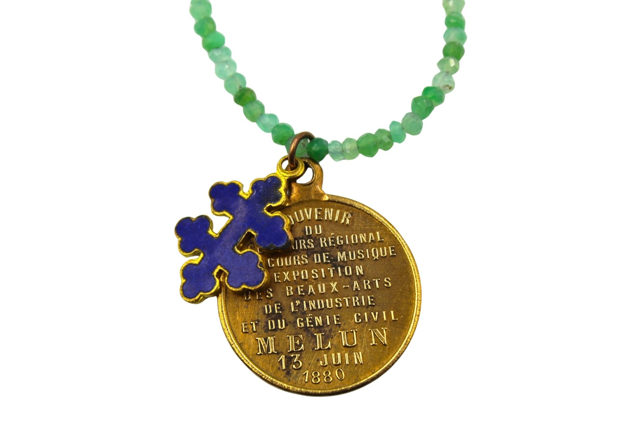 Antique French Music, Arts, and Industry Medal and Blue Enameled Cross on Faceted Emerald and Pyrite Necklace - The Great Republic