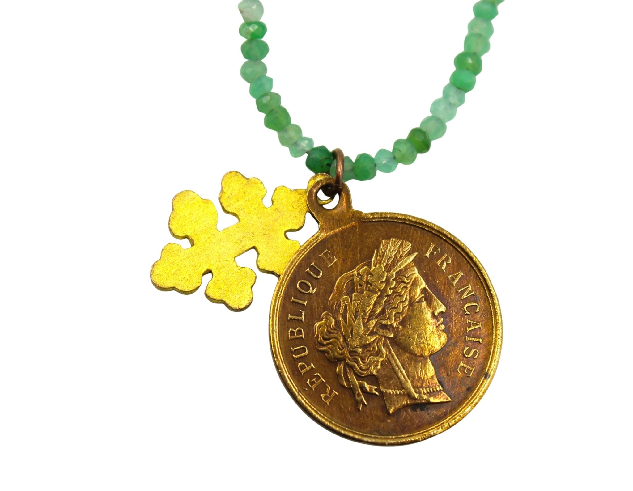 Antique French Music, Arts, and Industry Medal and Blue Enameled Cross on Faceted Emerald and Pyrite Necklace - The Great Republic