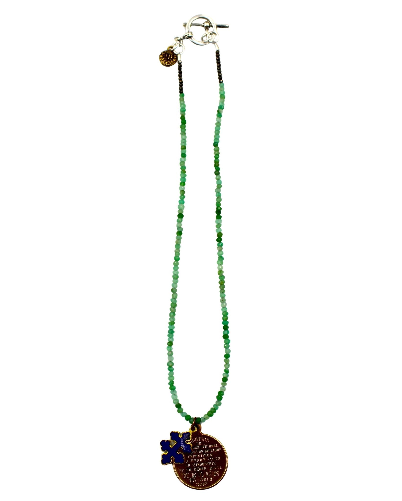 Antique French Music, Arts, and Industry Medal and Blue Enameled Cross on Faceted Emerald and Pyrite Necklace - The Great Republic