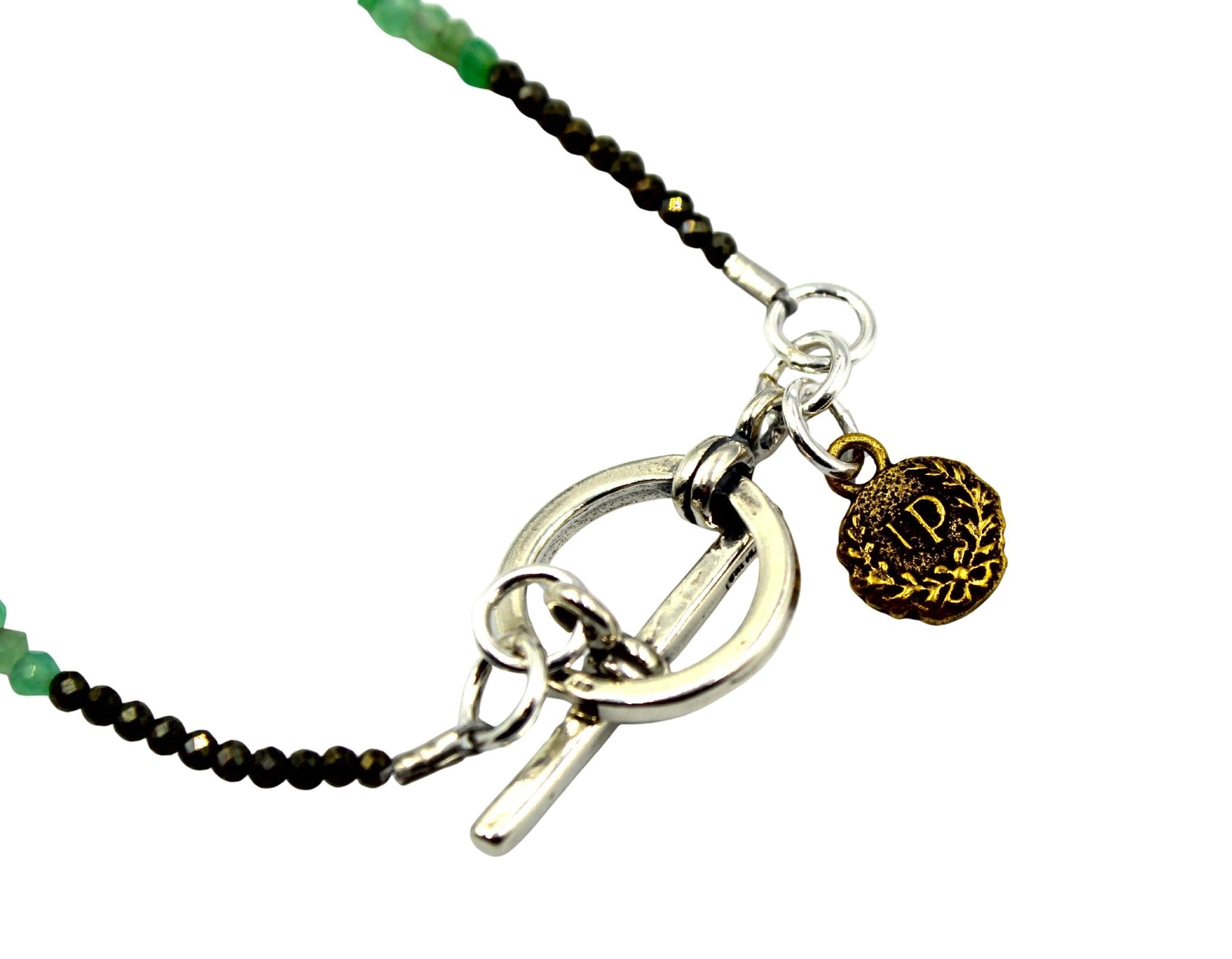 Antique French Music, Arts, and Industry Medal and Blue Enameled Cross on Faceted Emerald and Pyrite Necklace - The Great Republic