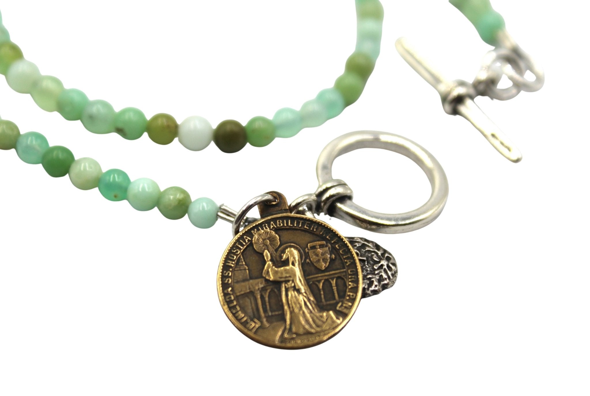 Antique Medal of Jesus Charm on Chrysoprase Double Wrap Bracelet - The Great Republic