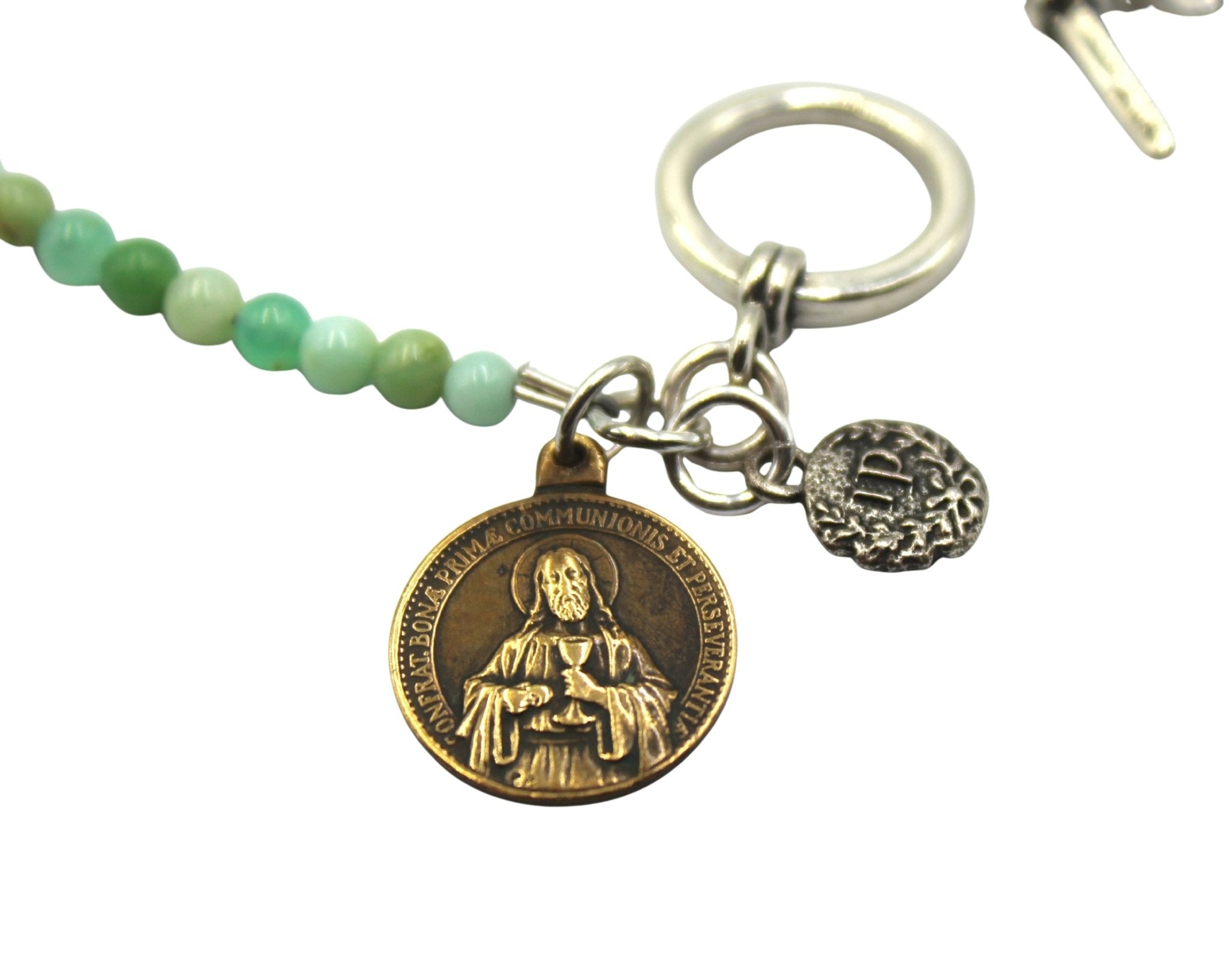 Antique Medal of Jesus Charm on Chrysoprase Double Wrap Bracelet - The Great Republic