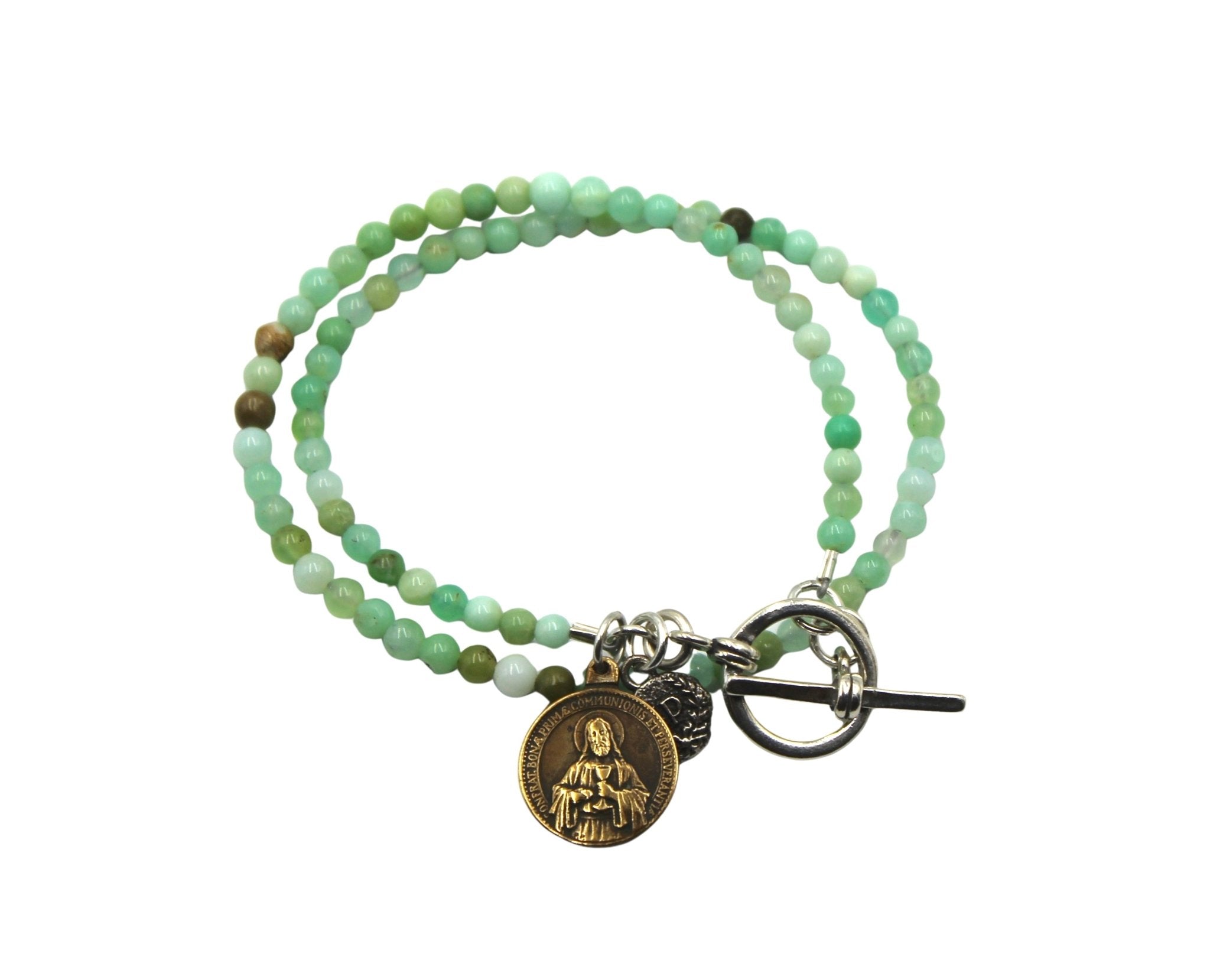 Antique Medal of Jesus Charm on Chrysoprase Double Wrap Bracelet - The Great Republic