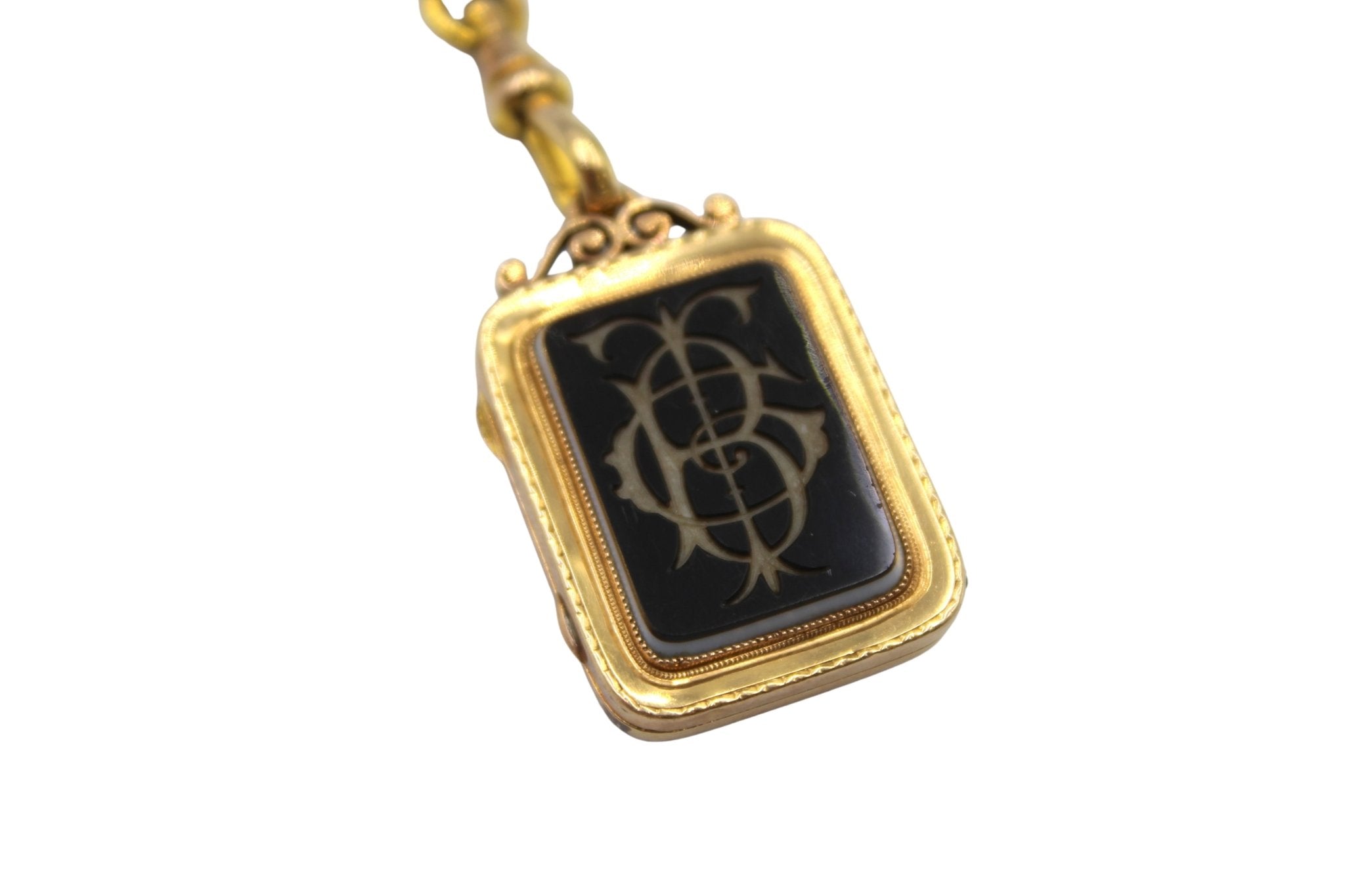 Antique Rose Gold and Onyx Intaglio Locket on Gold Filled Pocket Watch Chains - The Great Republic