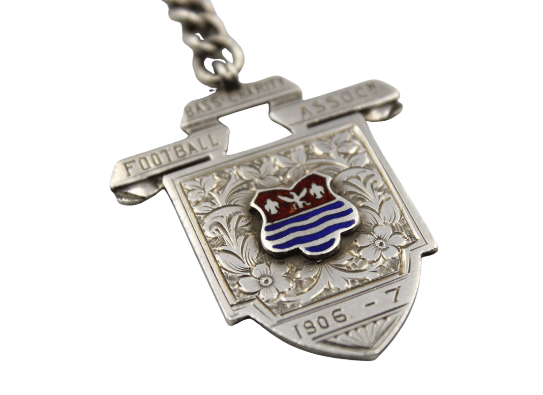 Antique Sterling and Enamel Bass Charity Football Association Medal on a Sterling Silver Gentleman's Pocket Watch Chain Necklace - The Great Republic