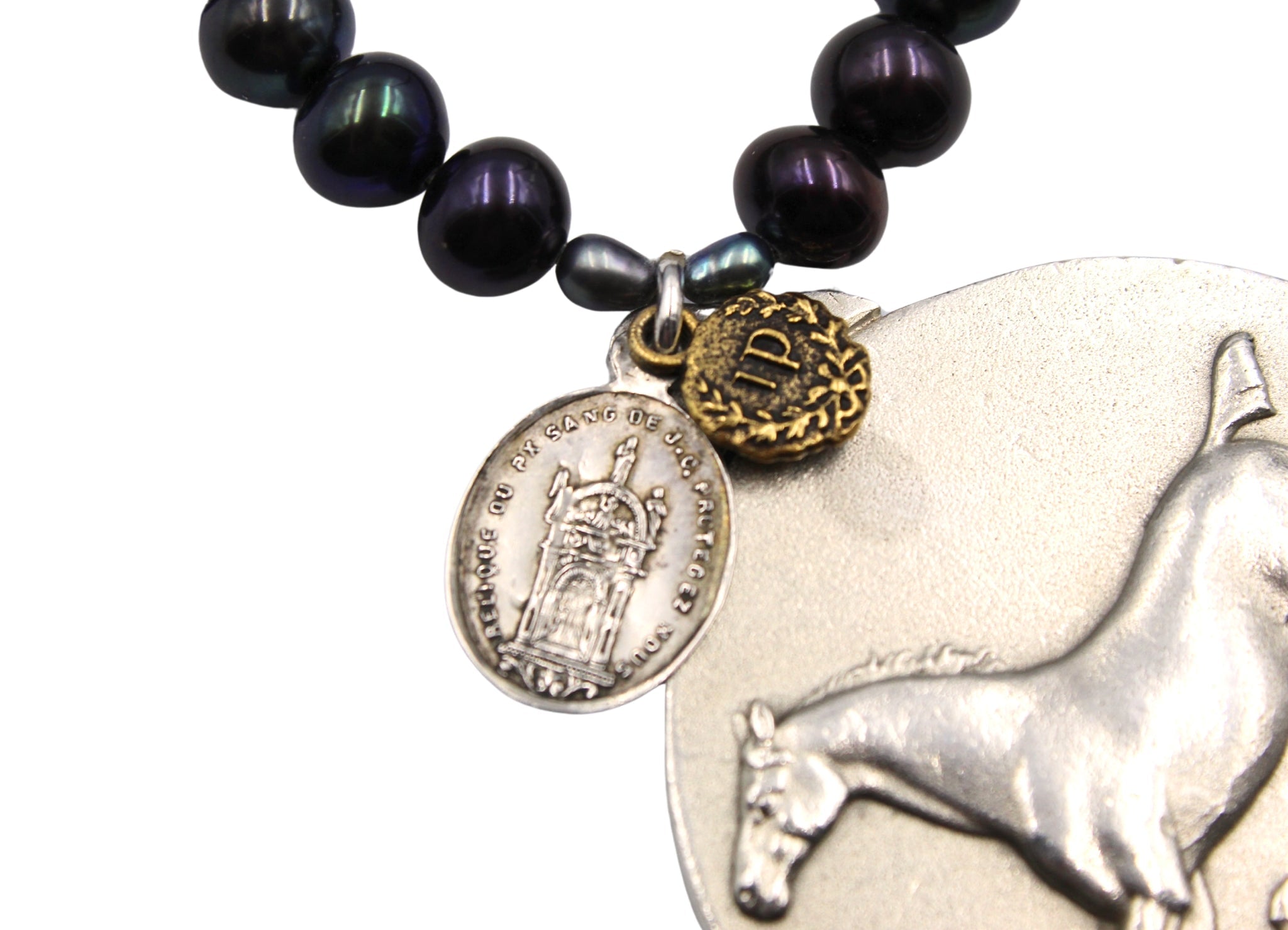 Antique Sterling Silver Hackney Horse Society Medal and Sterling Silver French Relic Medal on Freshwater Pearl Necklace - The Great Republic