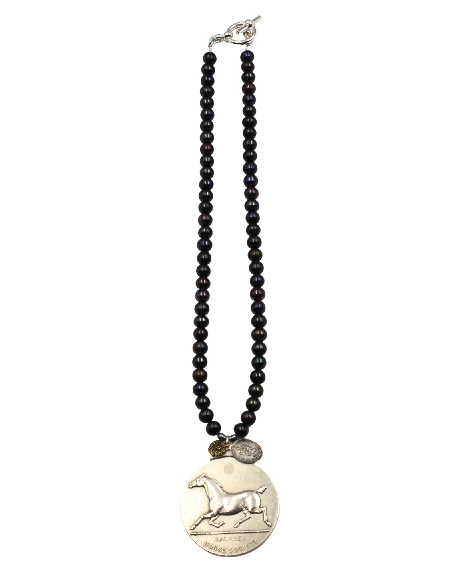 Antique Sterling Silver Hackney Horse Society Medal and Sterling Silver French Relic Medal on Freshwater Pearl Necklace - The Great Republic