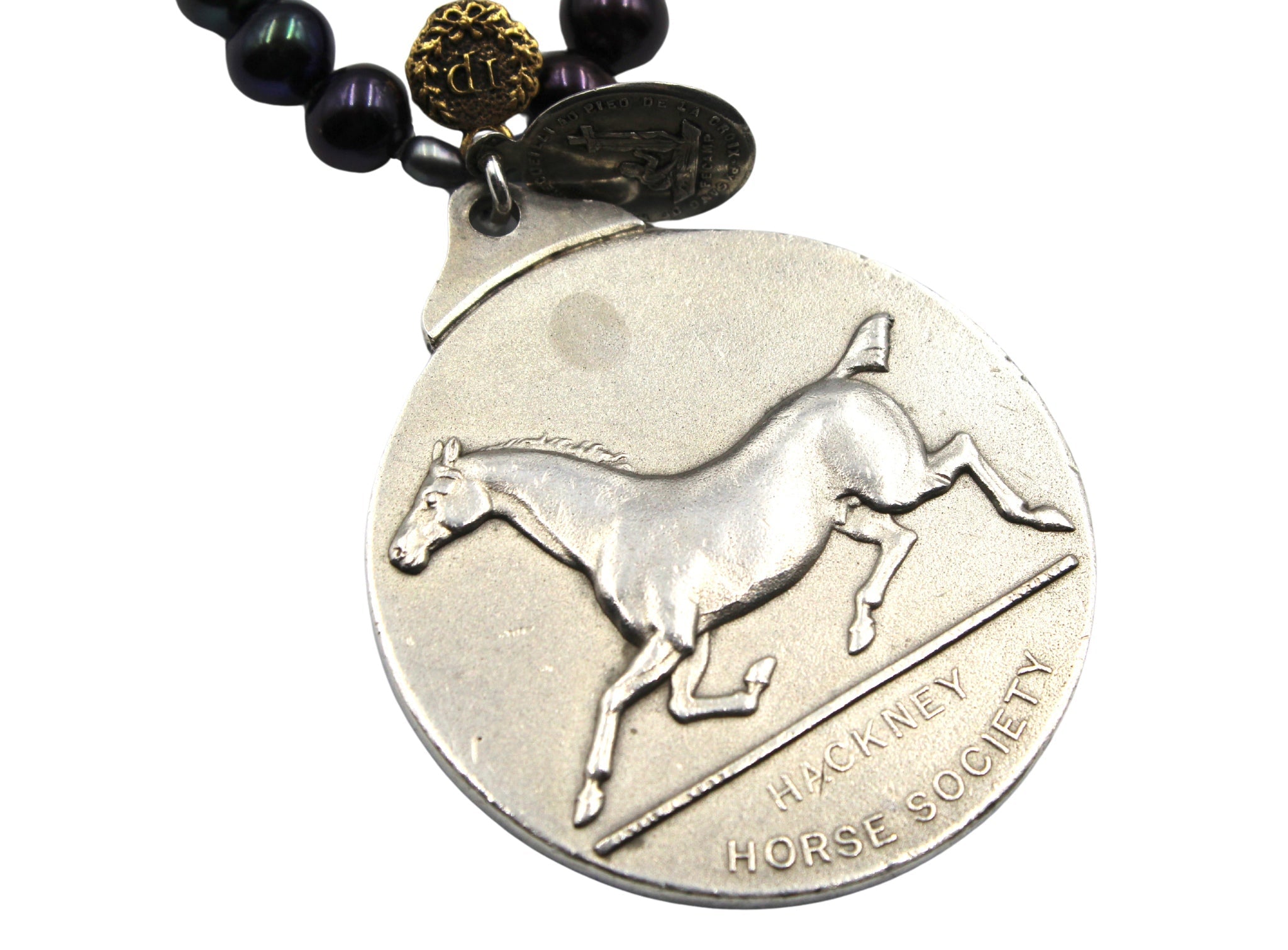 Antique Sterling Silver Hackney Horse Society Medal and Sterling Silver French Relic Medal on Freshwater Pearl Necklace - The Great Republic