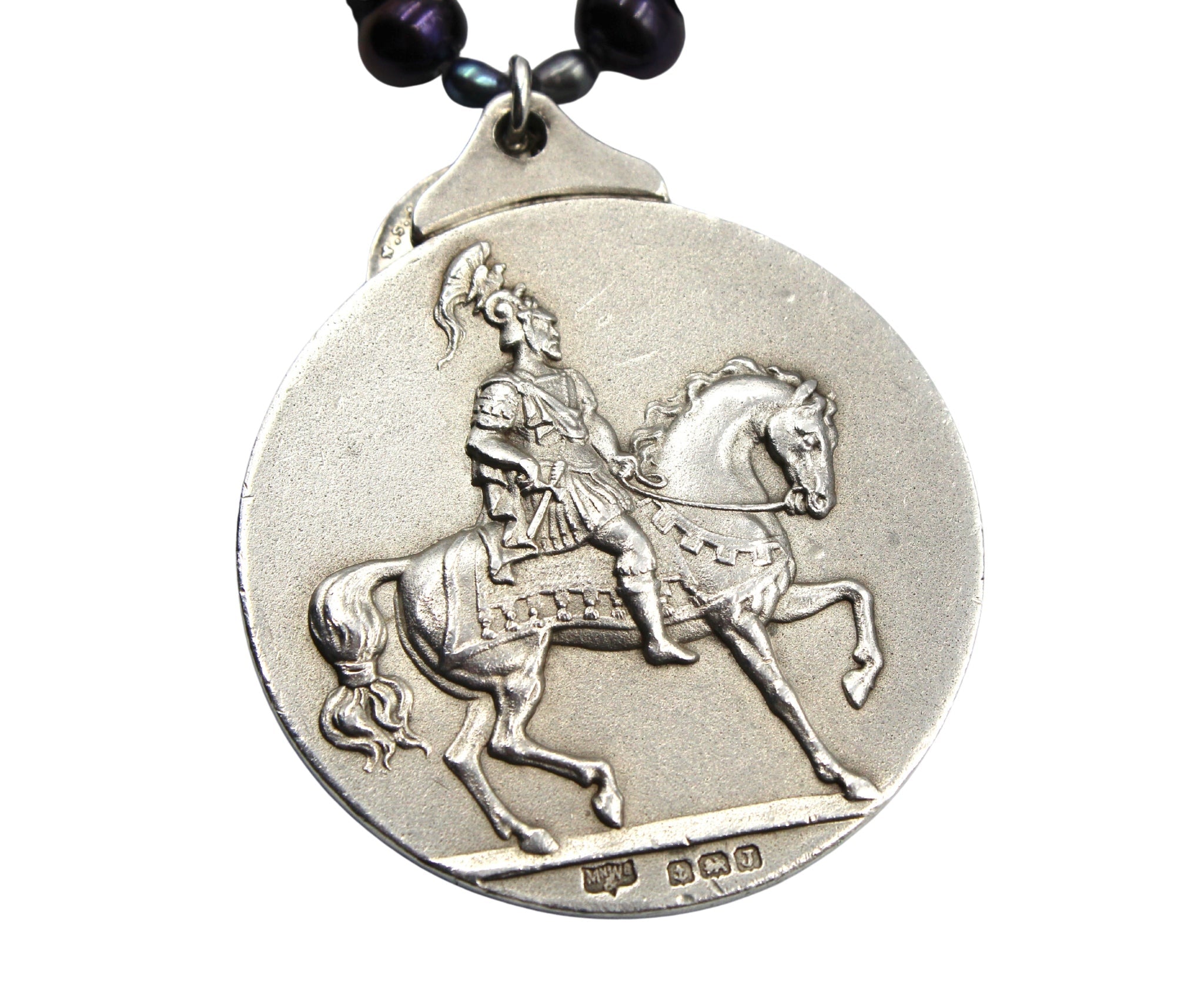 Antique Sterling Silver Hackney Horse Society Medal and Sterling Silver French Relic Medal on Freshwater Pearl Necklace - The Great Republic