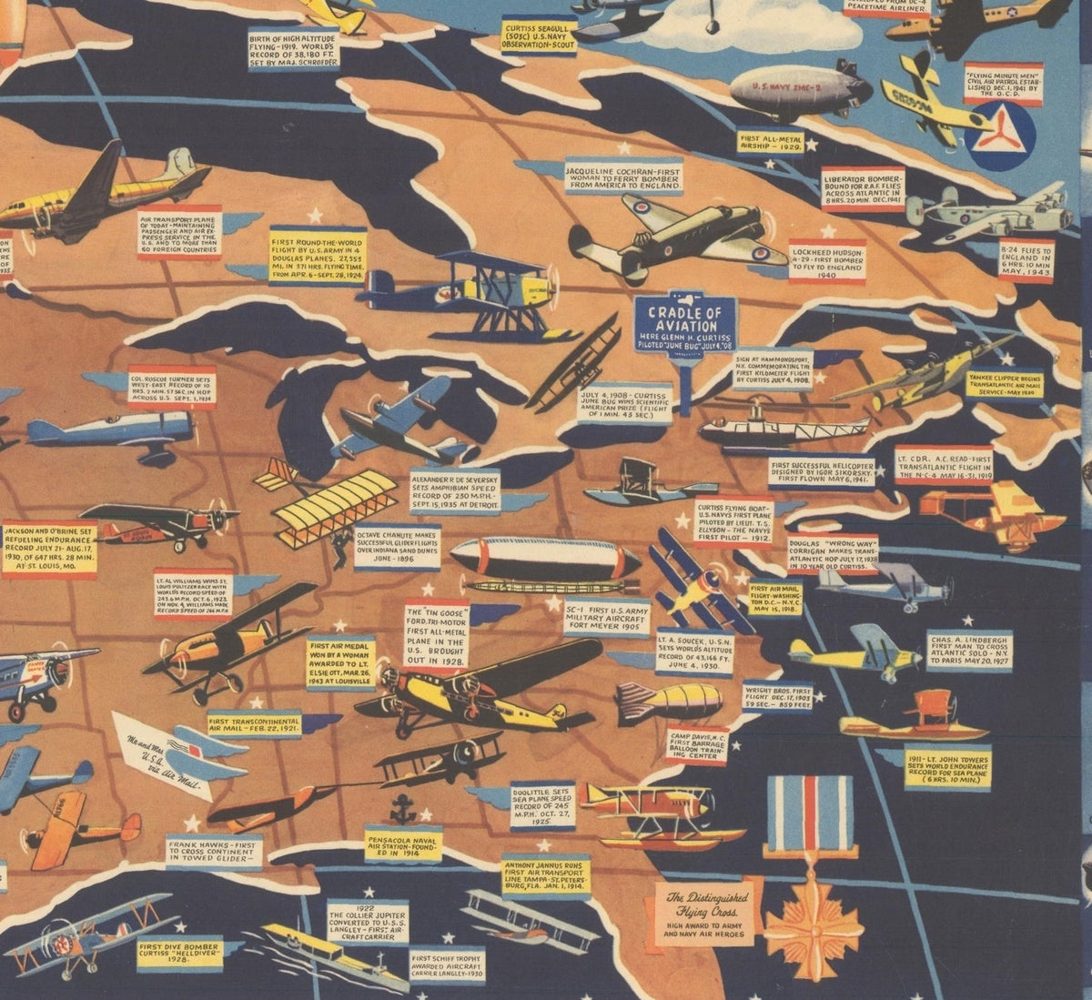 "Aviation Panorama: A Pictorial History of American Aviation" Map of the United States by F. E. Cheeseman, circa 1944 - The Great Republic