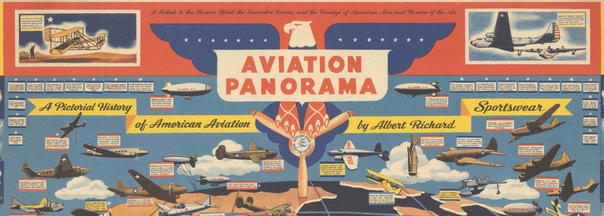 "Aviation Panorama: A Pictorial History of American Aviation" Map of the United States by F. E. Cheeseman, circa 1944 - The Great Republic