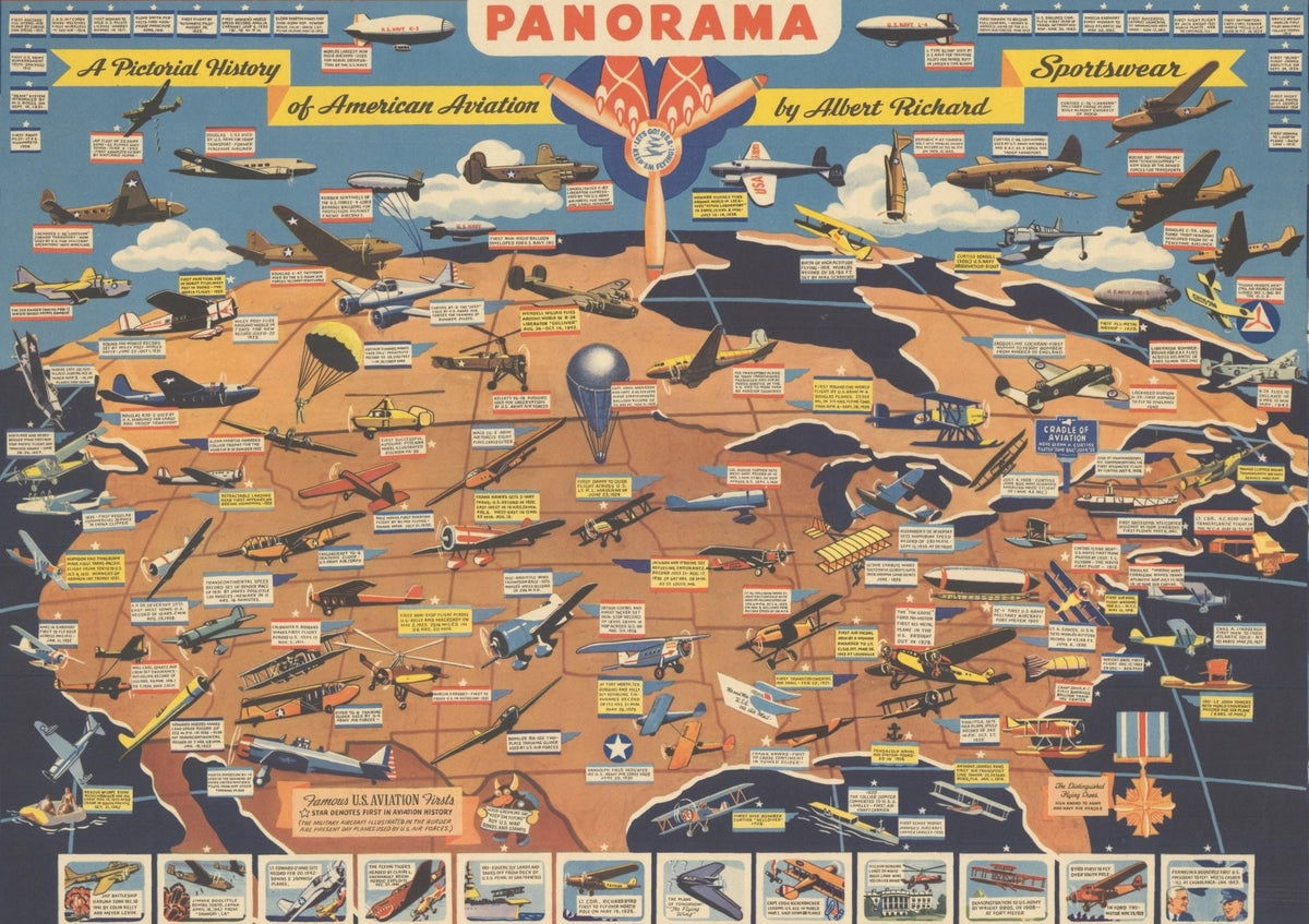 "Aviation Panorama: A Pictorial History of American Aviation" Map of the United States by F. E. Cheeseman, circa 1944 - The Great Republic
