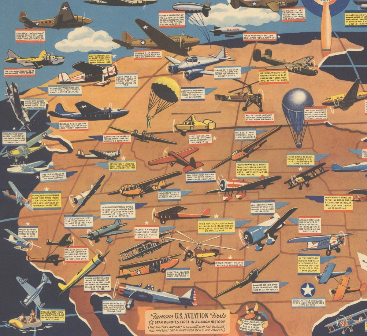 "Aviation Panorama: A Pictorial History of American Aviation" Map of the United States by F. E. Cheeseman, circa 1944 - The Great Republic