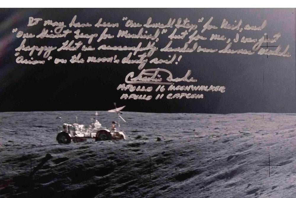 Charlie Duke Signed Photograph of Apollo 16 Moonwalk - The Great Republic