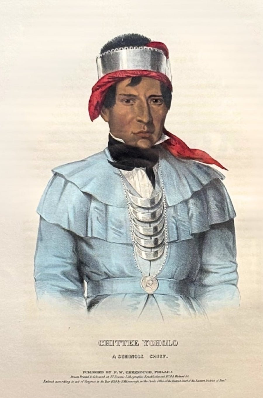 "Chittee Yoholo: A Seminole Chief" Hand-colored Lithograph by Thomas L. McKenney and James Hall, Folio Edition, 1838 - The Great Republic