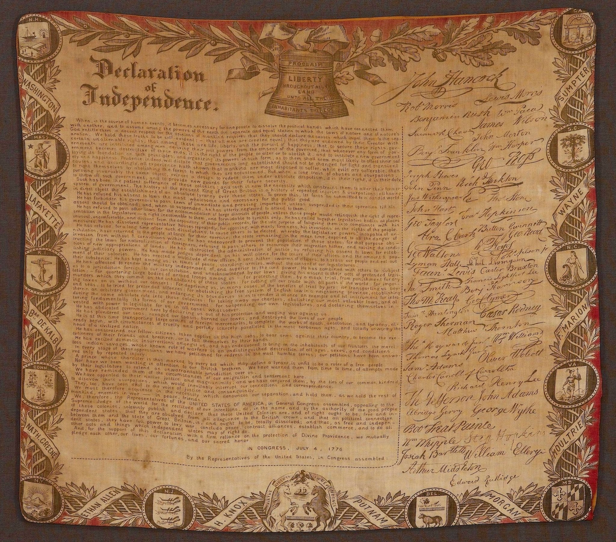 Declaration of Independence, Printed on Cotton, Circa 1876 - The Great Republic