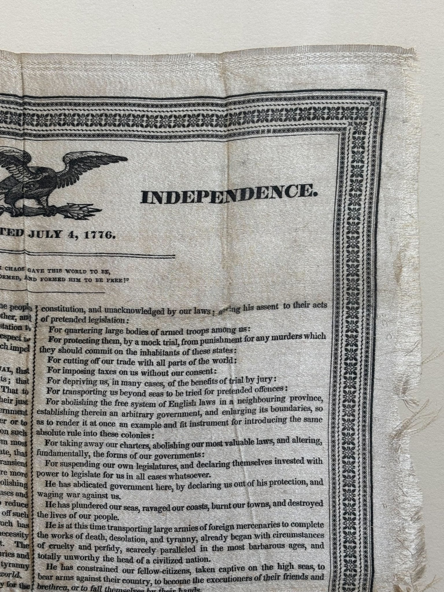 Declaration of Independence, Printed on Silk, Circa 1830 - The Great Republic