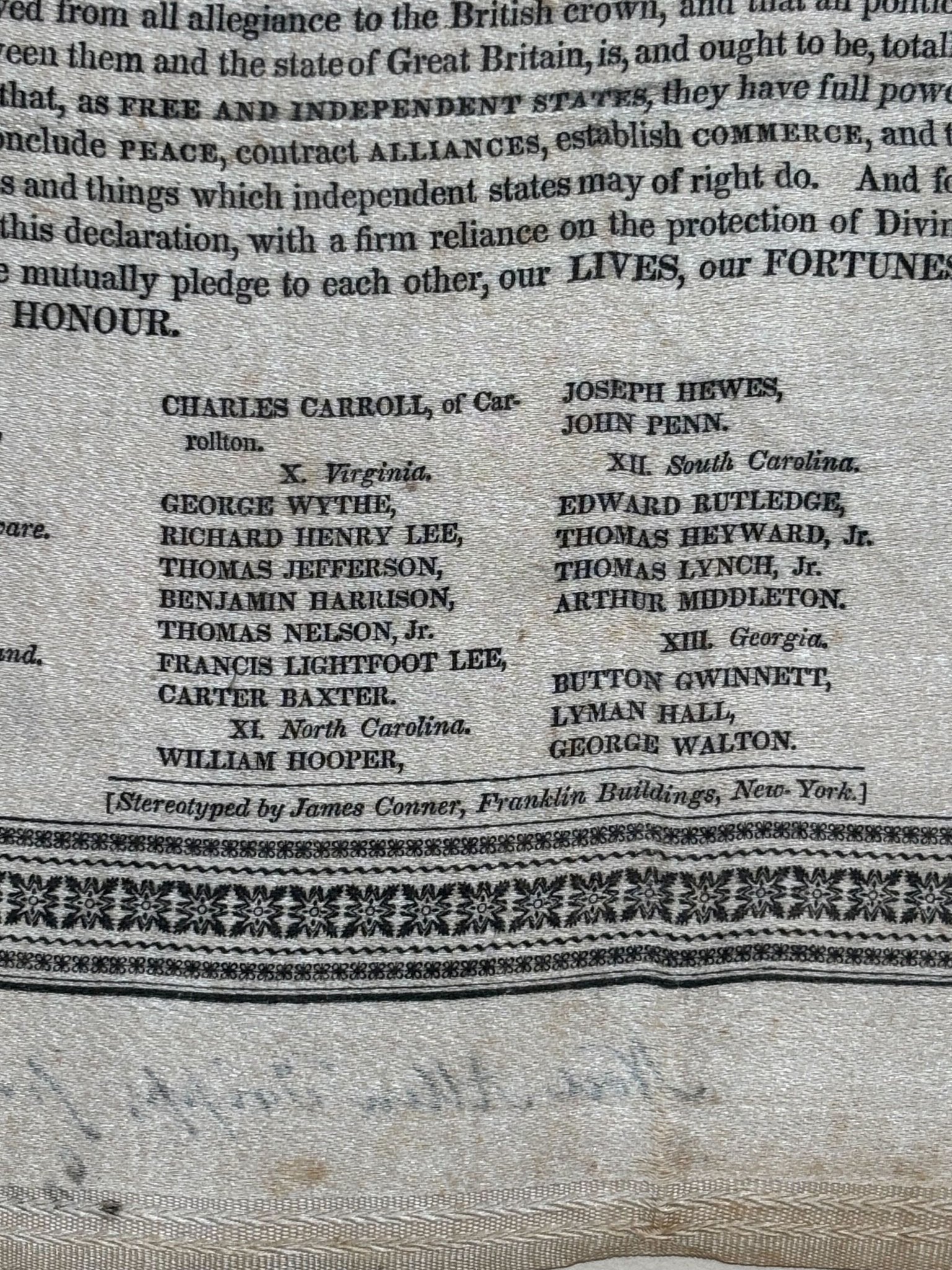 Declaration of Independence, Printed on Silk, Circa 1830 - The Great Republic