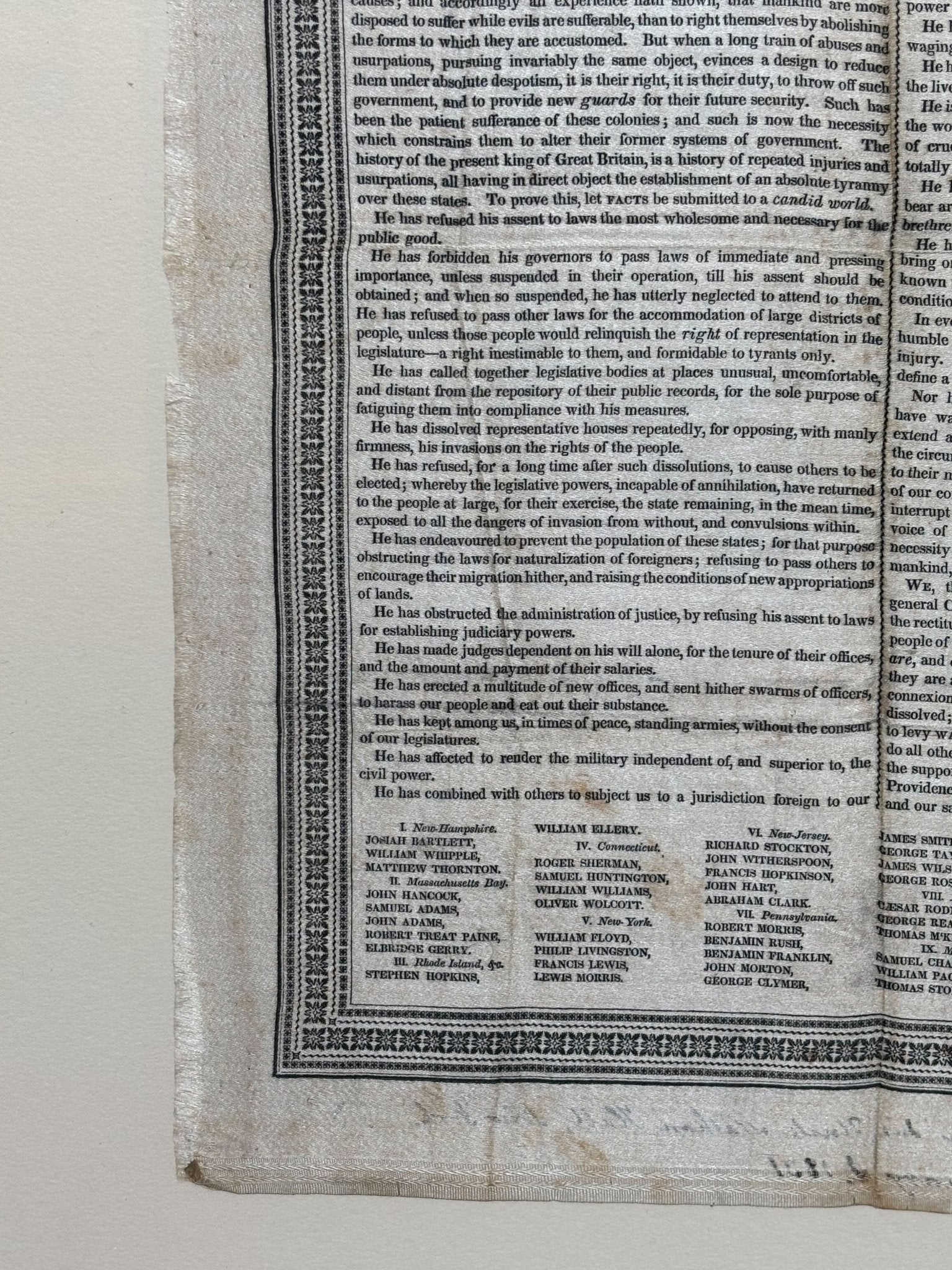 Declaration of Independence, Printed on Silk, Circa 1830 - The Great Republic