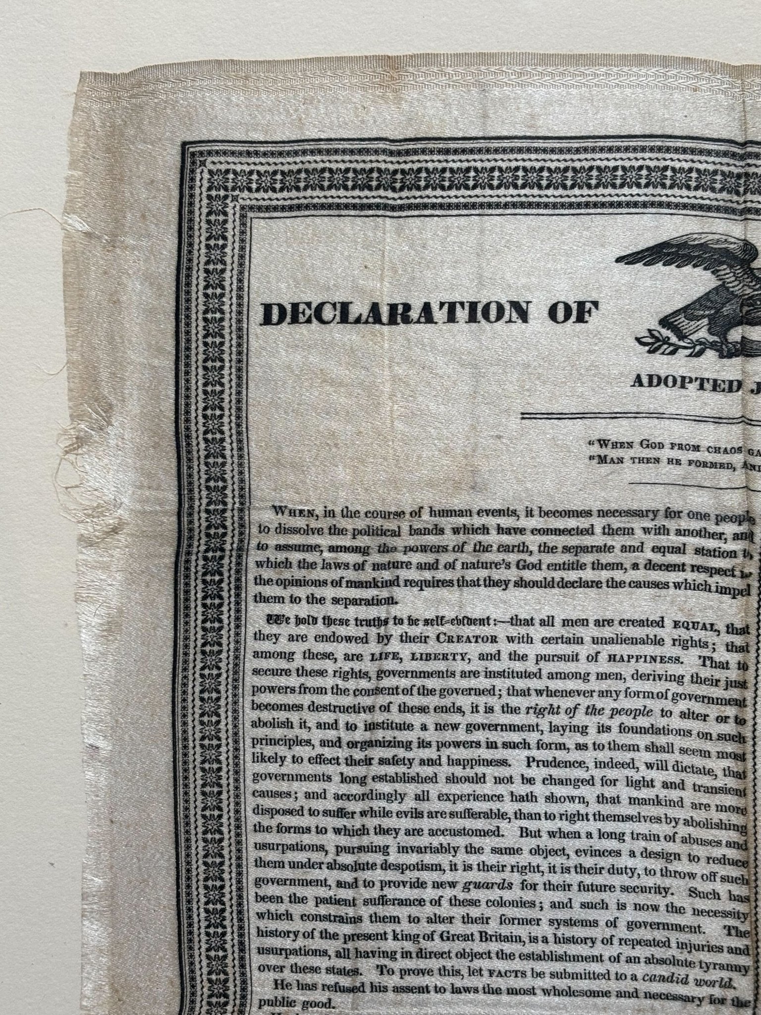 Declaration of Independence, Printed on Silk, Circa 1830 - The Great Republic