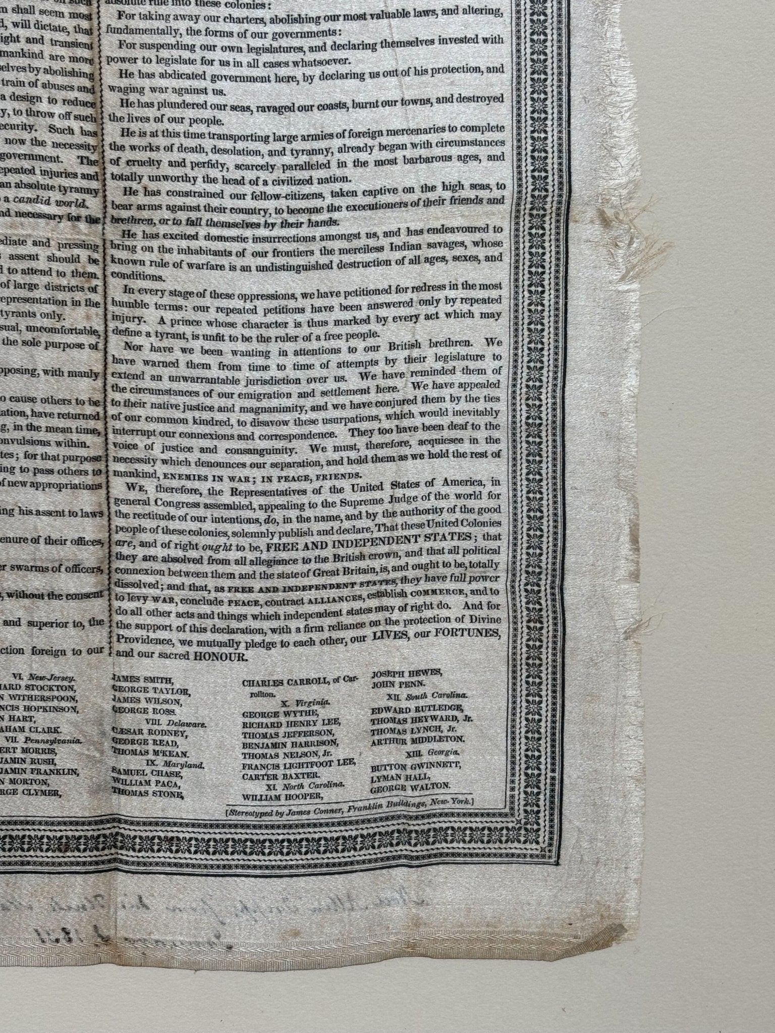 Declaration of Independence, Printed on Silk, Circa 1830 - The Great Republic