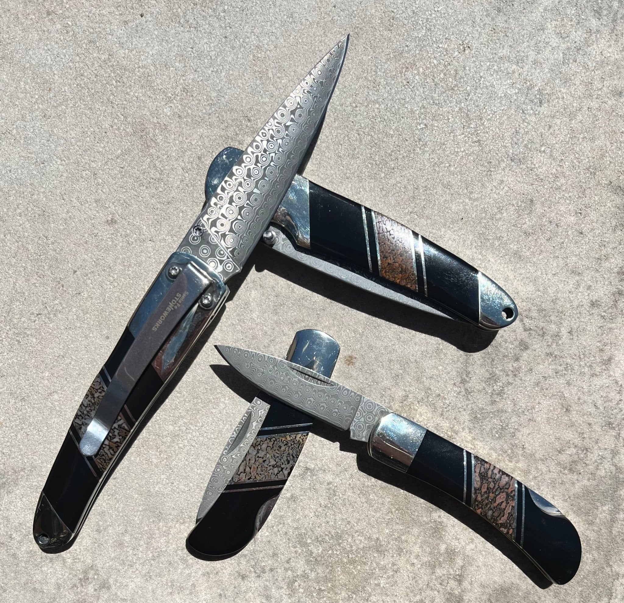 Dinosaur Bone 4" Damascus Steel Double Sided Liner Lock Knife - The Great Republic