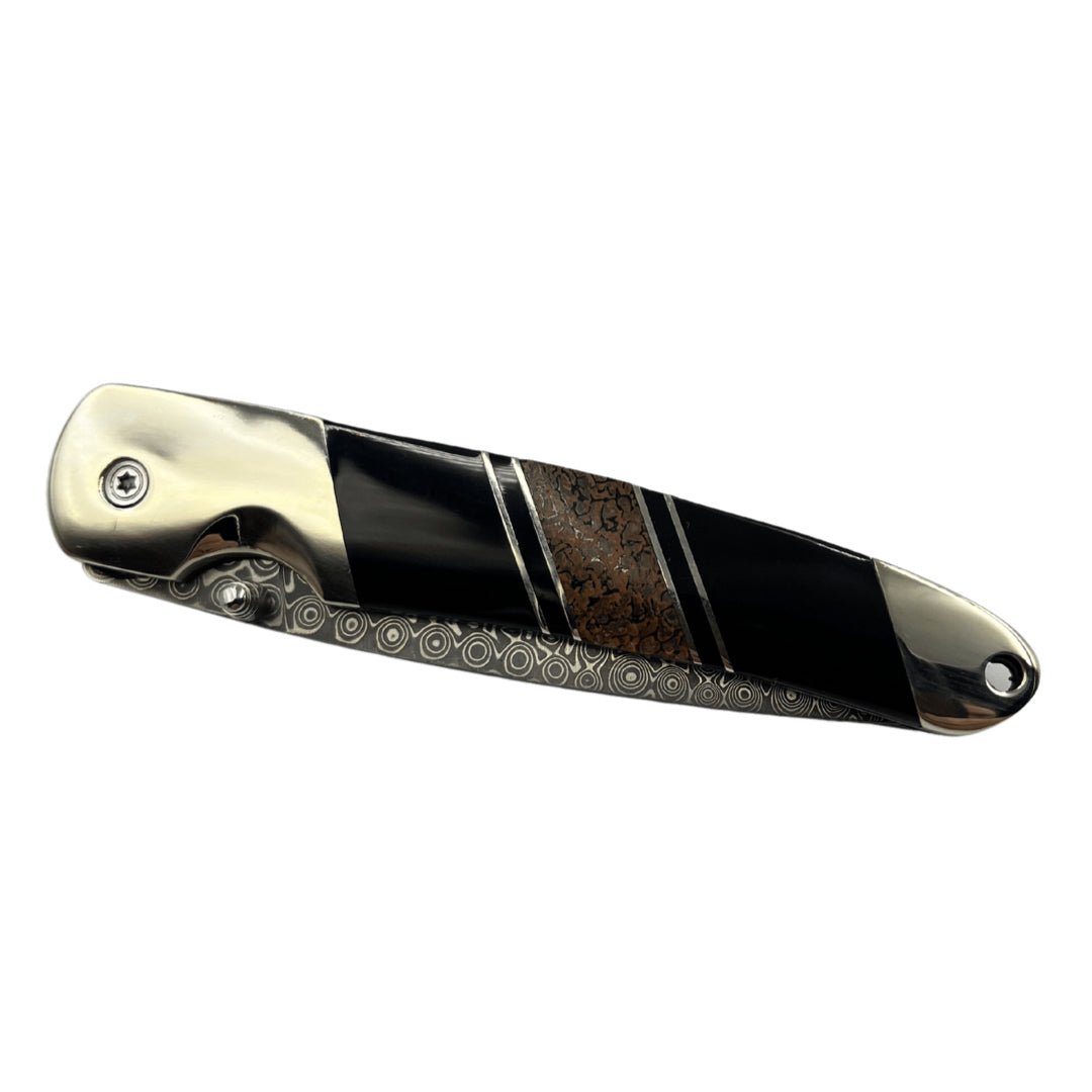 Dinosaur Bone 4" Damascus Steel Double Sided Liner Lock Knife - The Great Republic