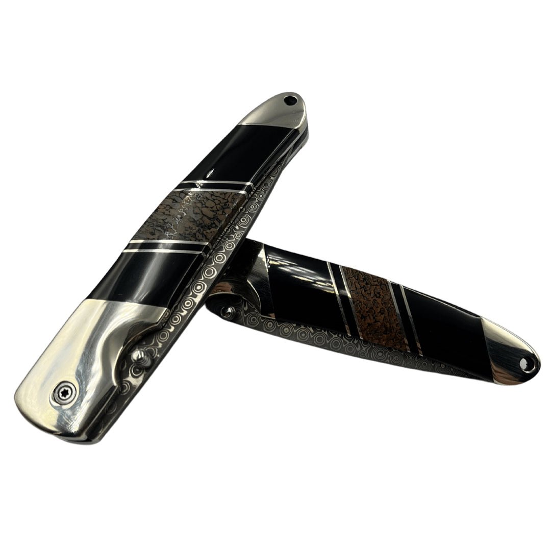 Dinosaur Bone 4" Damascus Steel Double Sided Liner Lock Knife - The Great Republic